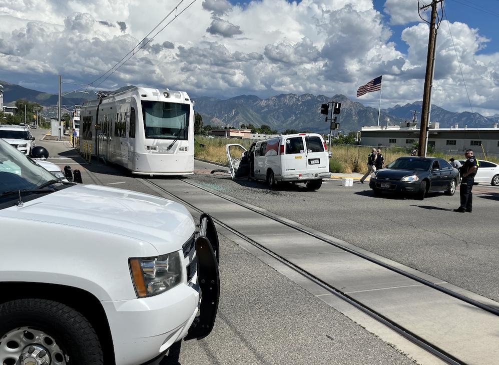 One person was injured when the van they were driving collided with the S-Line streetcar in Salt Lake City Friday afternoon, causing the streetcar to derail.