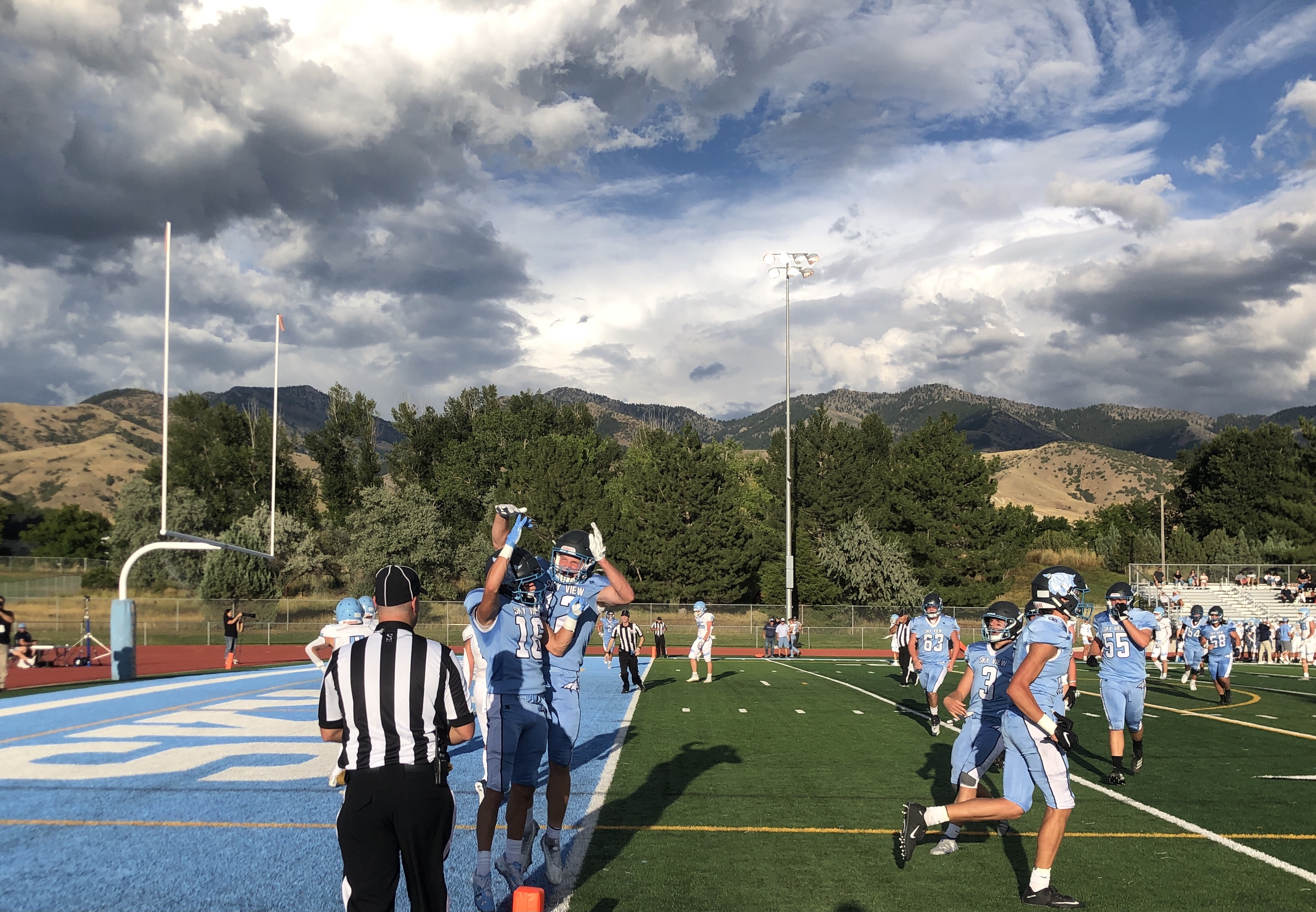 Sky View receiver Bryton Williams celebrates his first quarter touchdown catch with running back Jaxson Bradley.