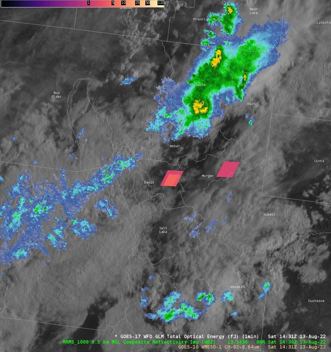 A radar photo from Aug. 13. The radar bolstered the meteor theory with flashes appearing on its maps not associated with a thunderstorm.