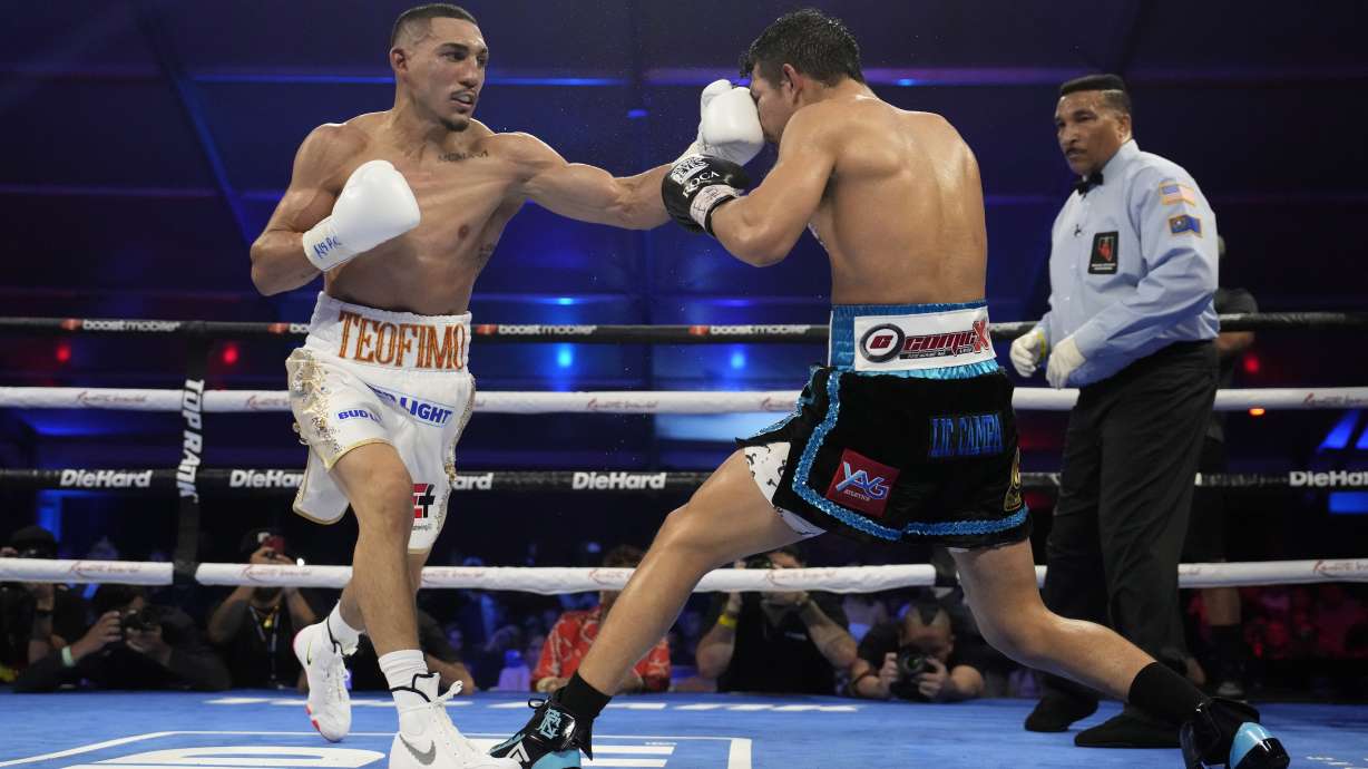 Teofimo Lopez hits Pedro Campa in a junior welterweight boxing match, Saturday, Aug. 13, 2022, in Las Vegas.