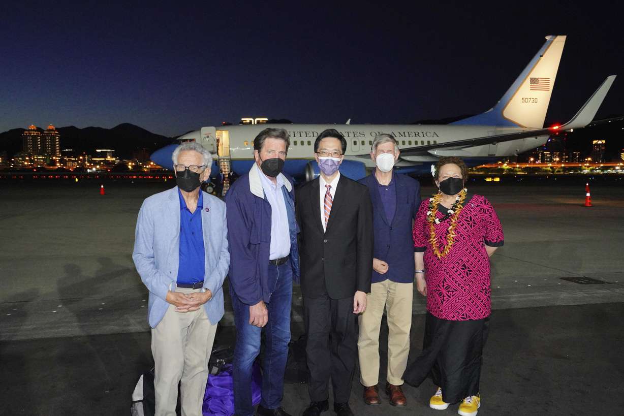 From left, U.S. Democratic House member Alan Lowenthal from California, Democratic House members John Garamendi, Donald Yu-Tien Hsu, Director-General, dept. of North American Affairs, Taiwan's Ministry of Foreign Affairs, Democratic House member Don Beyer from Virginia and Republican Rep. Aumua Amata Coleman Radewagen, a delegate from American Samoa pose for a photo after arriving on a U.S. government plane at Songshan airport in Taipei, Taiwan on Sunday. The delegation of American lawmakers are visiting Taiwan just 12 days after a visit by U.S. House Speaker Nancy Pelosi that angered China.