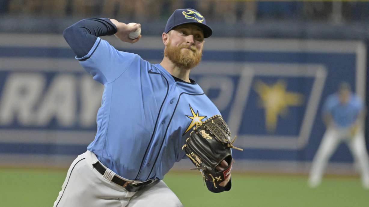 Tampa Bay Rays starter Drew Rasmussen pitches against the Baltimore Orioles during the first inning of a baseball game Sunday, Aug. 14, 2022, in St. Petersburg, Fla.