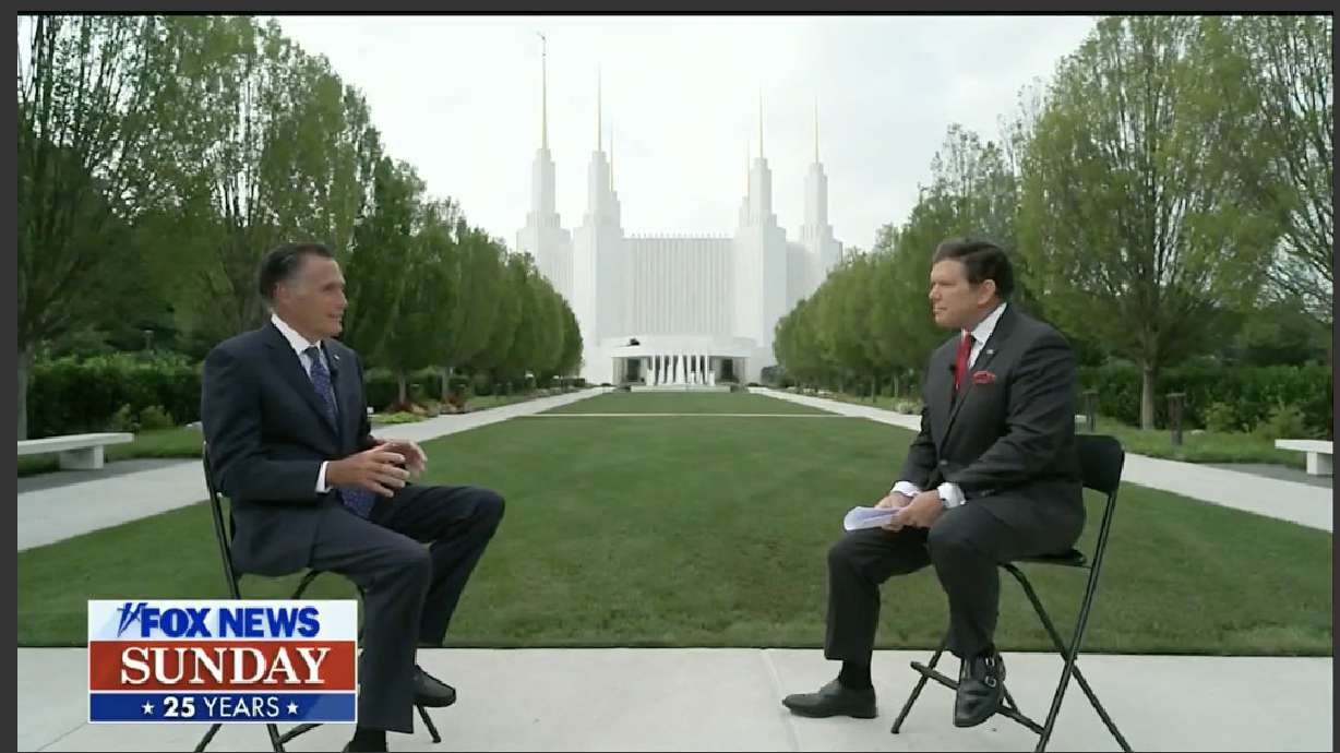 A still frame shows Utah Sen. Mitt Romney as he is interviewed by Brett Baier on Fox News Sunday with the Washington D.C. Temple in the background Sunday.