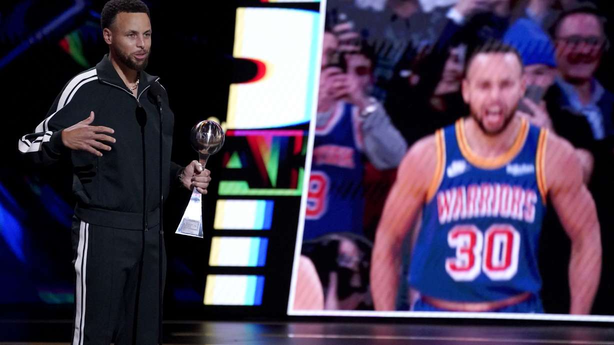 NBA player Stephen Curry, of the Golden State Warriors, accepts the award for best record-breaking performance for passing Ray Allen for most 3-pointers made in NBA history at the ESPY Awards on Wednesday, July 20, 2022, at the Dolby Theatre in Los Angeles.