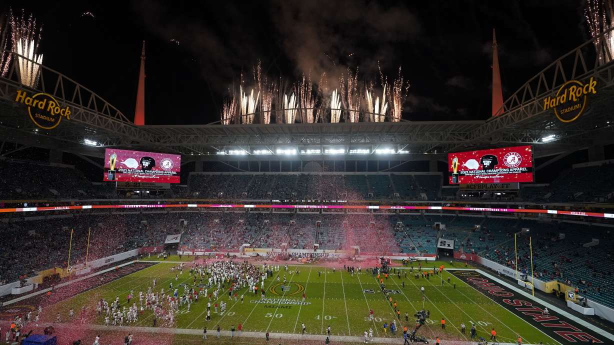 FILE - Alabama celebrates after their win against Ohio State in an NCAA College Football Playoff national championship game, Monday, Jan. 11, 2021, in Miami Gardens, Fla. Alabama won 52-24. Atlanta and South Florida have been selected to host College Football Playoff national championship games for the second time, the CFP announced Monday, Aug. 15, 2022