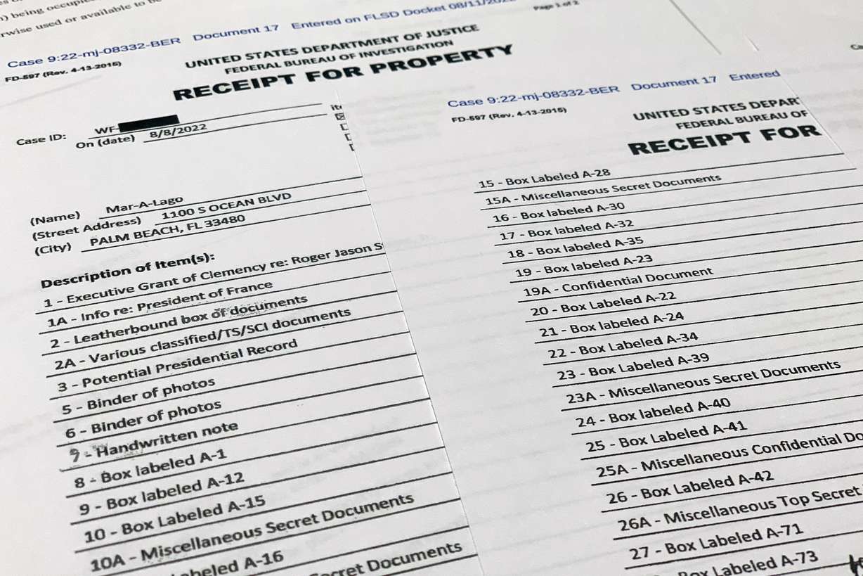 The receipt for property that was seized during the execution of a search warrant by the FBI at former President Donald Trump's Mar-a-Lago estate in Palm Beach, Fla., is photographed Friday.