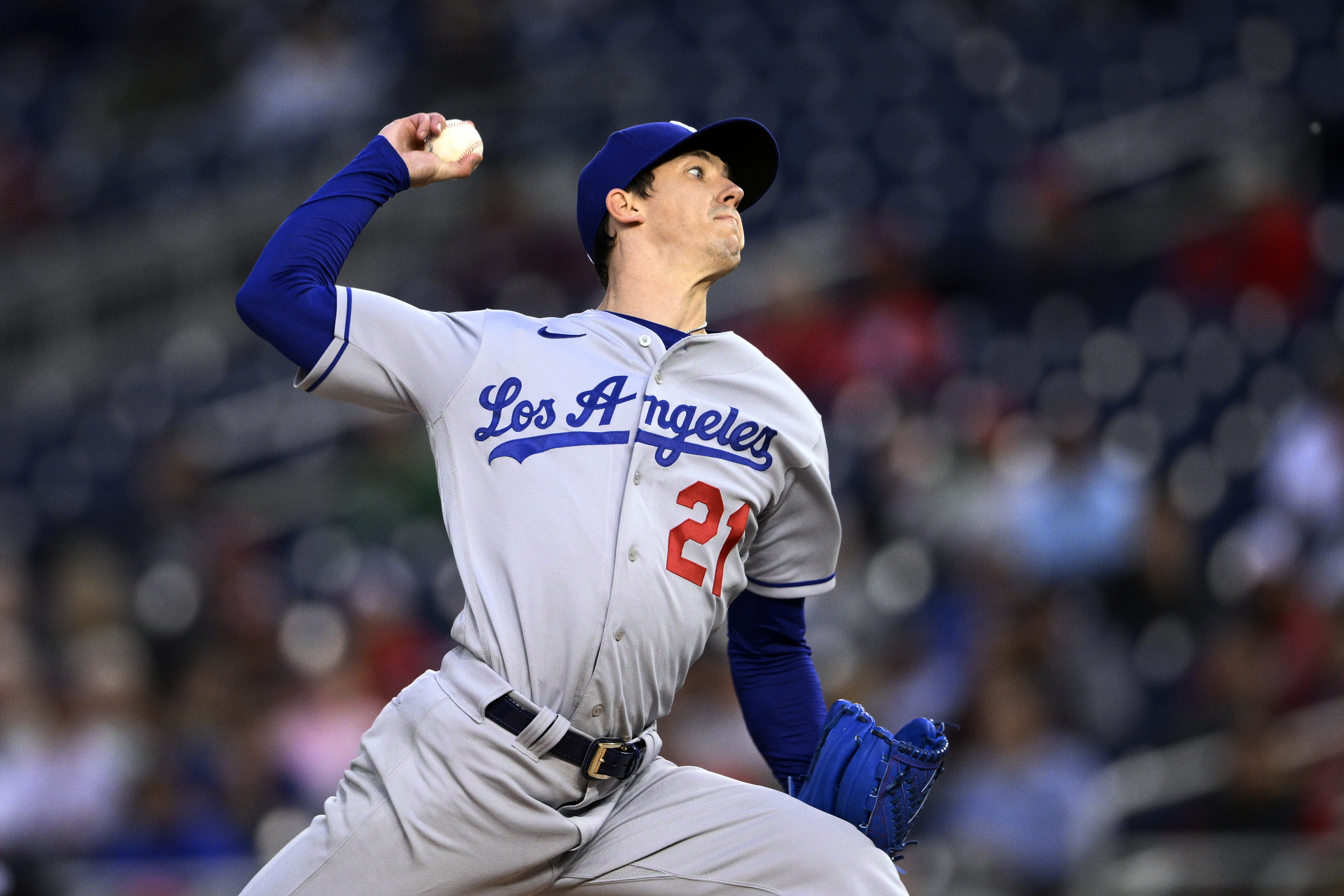 FILE - Los Angeles Dodgers starting pitcher Walker Buehler throws during the team's baseball game against the Washington Nationals on May 24, 2022, in Washington. Buehler will have season-ending surgery for the elbow injury that has prevented him from pitching for the last two months. The Dodgers announced Monday, Aug. 15, before the start of their four-game series with the Milwaukee Brewers that that Buehler's surgery is scheduled for Aug. 23. 