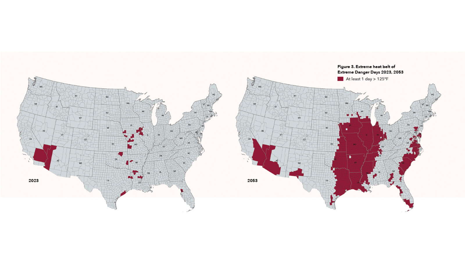 "Extreme Danger Days" projected for 2023 and 2053 in a graphic from the First Street Foundation study.