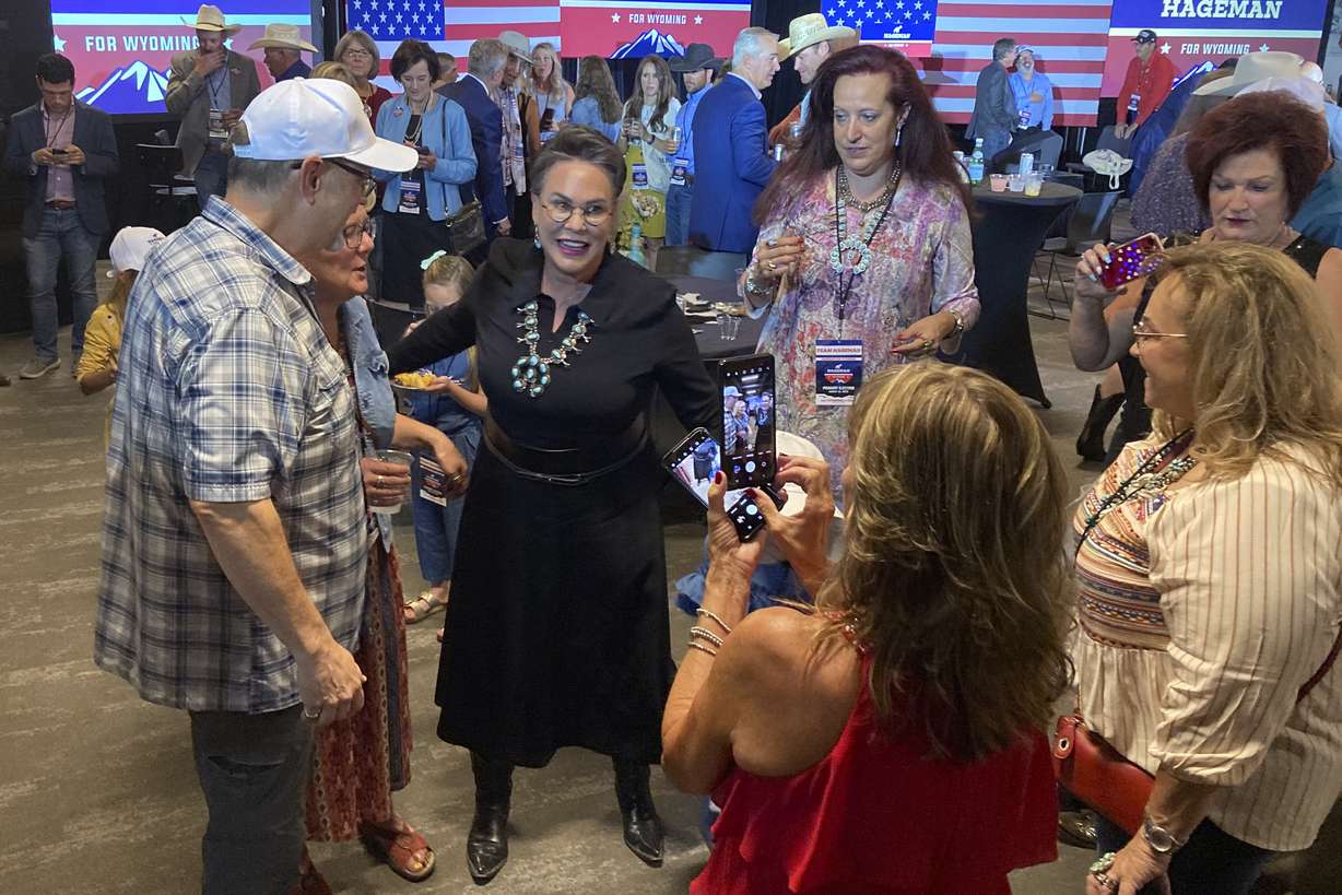Republican House candidate Harriet Hageman speaks to supporters Tuesday, in Cheyenne, Wyo., after defeating Rep. Liz Cheney, R-Wyo., in the Republican primary.
