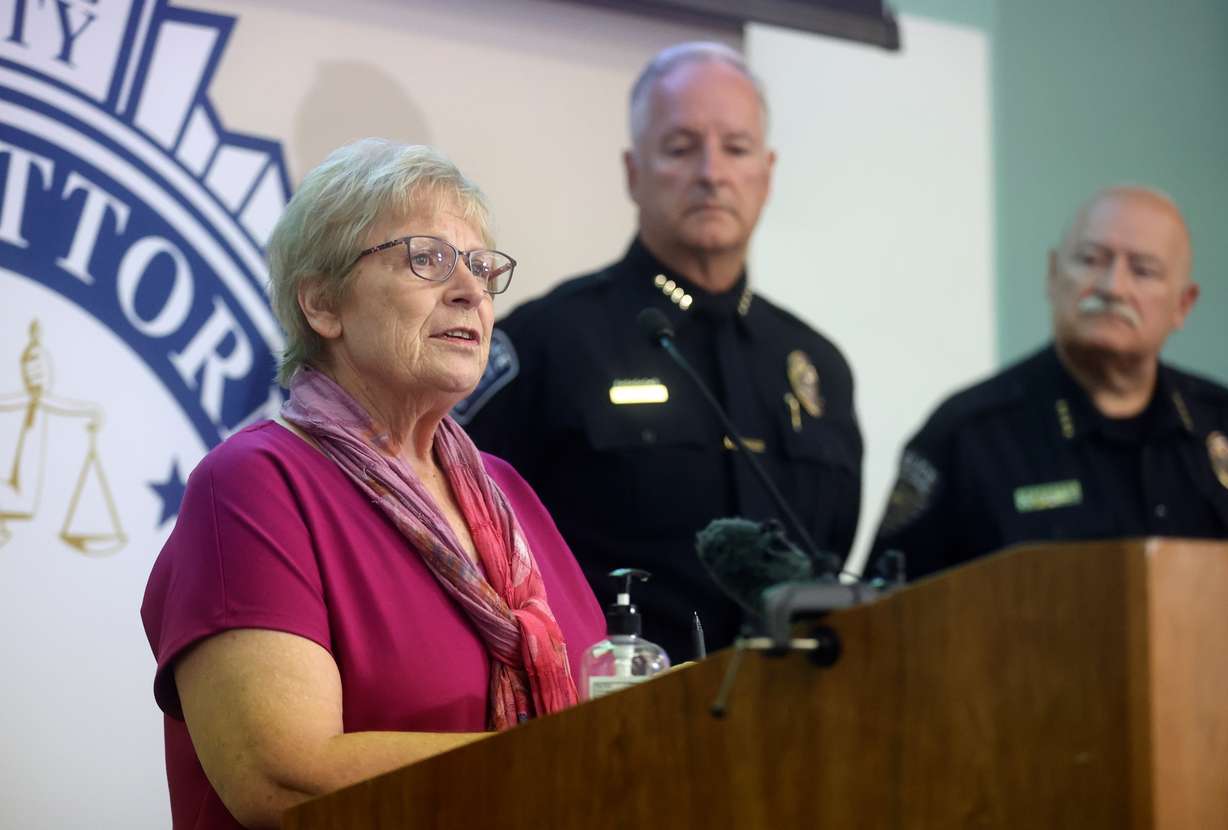 Salt Lake County Criminal Justice Services case manager Mauna Liddiard speaks about the results of the Diversion Pilot Program and program expansion plans during a press conference at the Salt Lake County District Attorney’s Building in Salt Lake City on Wednesday.