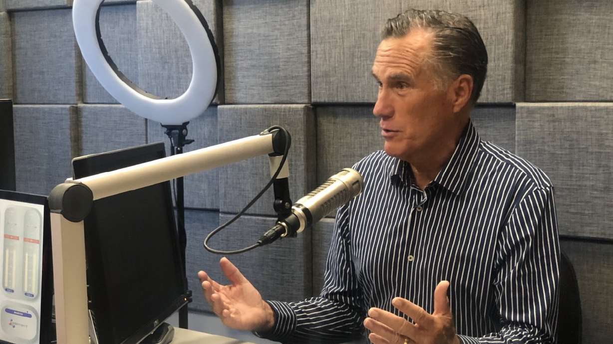 Utah Republican Sen. Mitt Romney speaks with Canyon Media radio personality Carl Lamar on St. George Radio about issues of local and national interests while visiting St. George on Wednesday.