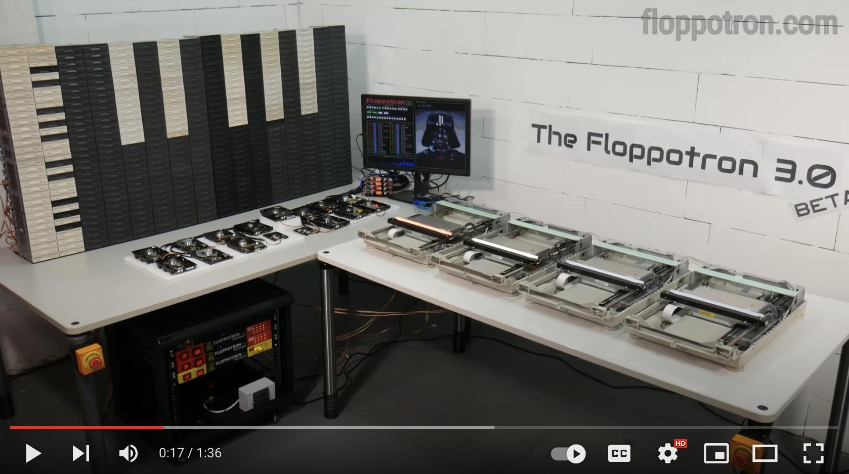 The Floppotron 3.0 is a musical instrument made entirely out of computer hardware. In this video, it plays the Imperial March, by John Williams.