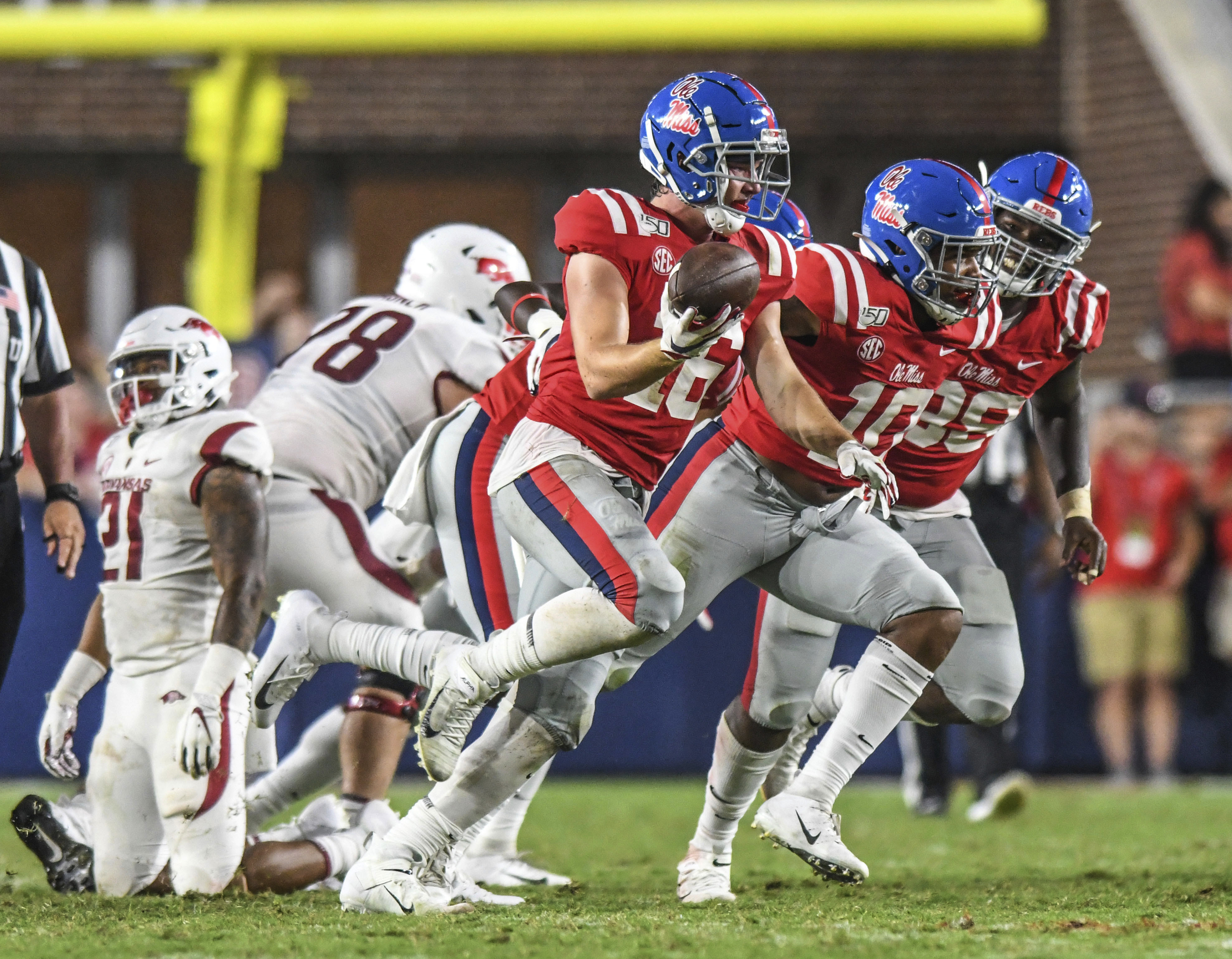FILE -Mississippi linebacker Luke Knox (16) celebrates a fumble recovery against Arkansas during an NCAA college football game Saturday, Sept. 7, 2019, in Oxford, Miss.  Knox, who appeared in 23 games at Ole Miss before joining the Panthers, has died, the university said. Knox died Wednesday, Aug. 17, 2022, school officials said. The cause was not revealed, though the university said early Thursday that police “do not suspect foul play."