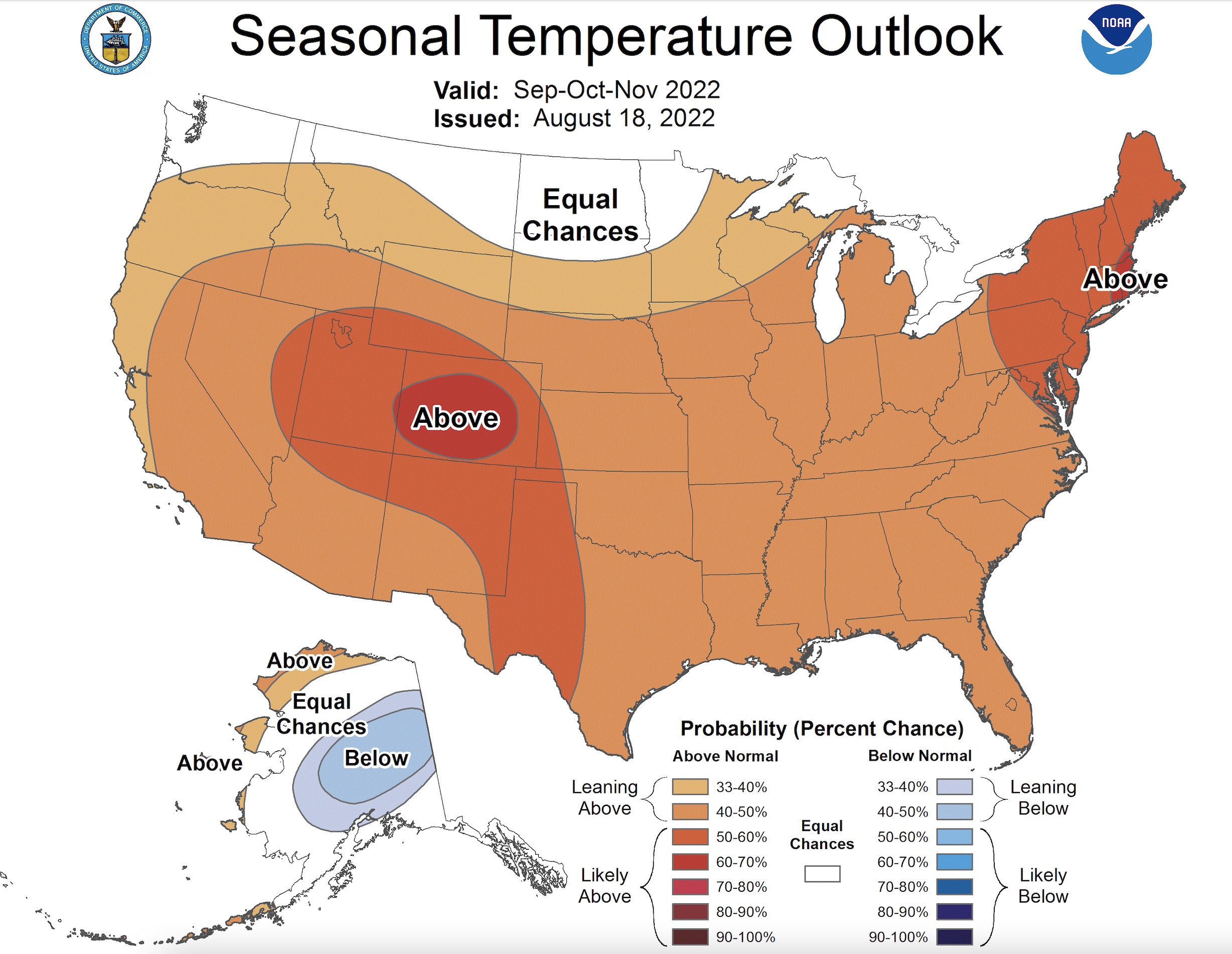 This map, published by the National Weather Service's Climate Prediction Center on Thursday, shows the temperature outlook for the fall months of September, October and November. Utah is listed as having a higher likelihood for above-normal temperatures during the season.