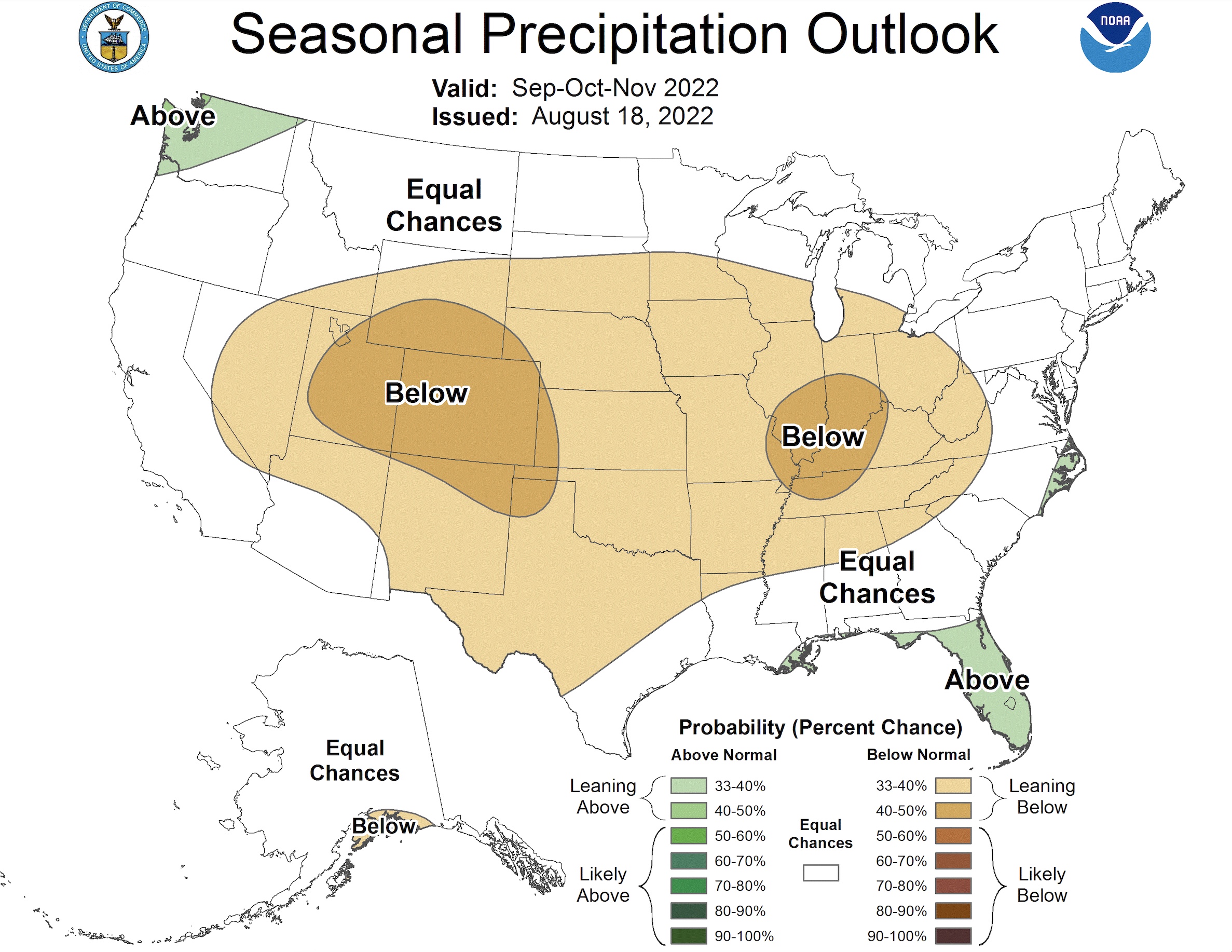 This map, published by the National Weather Service's Climate Prediction Center on Thursday, shows the precipitation outlook for the fall months of September, October and November. Utah is listed as having a higher likelihood for drier conditions during the season.