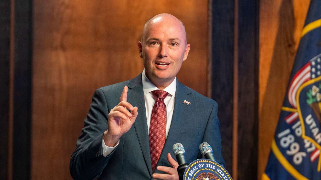 Gov. Spencer Cox speaks at his monthly news conference at the Eccles Broadcast Center in Salt Lake City on Thursday. Cox opened his monthly news conference with a passionate plea to Utahns, especially as kids gear up to go back to school: Do more to prevent suicide in the state of Utah.