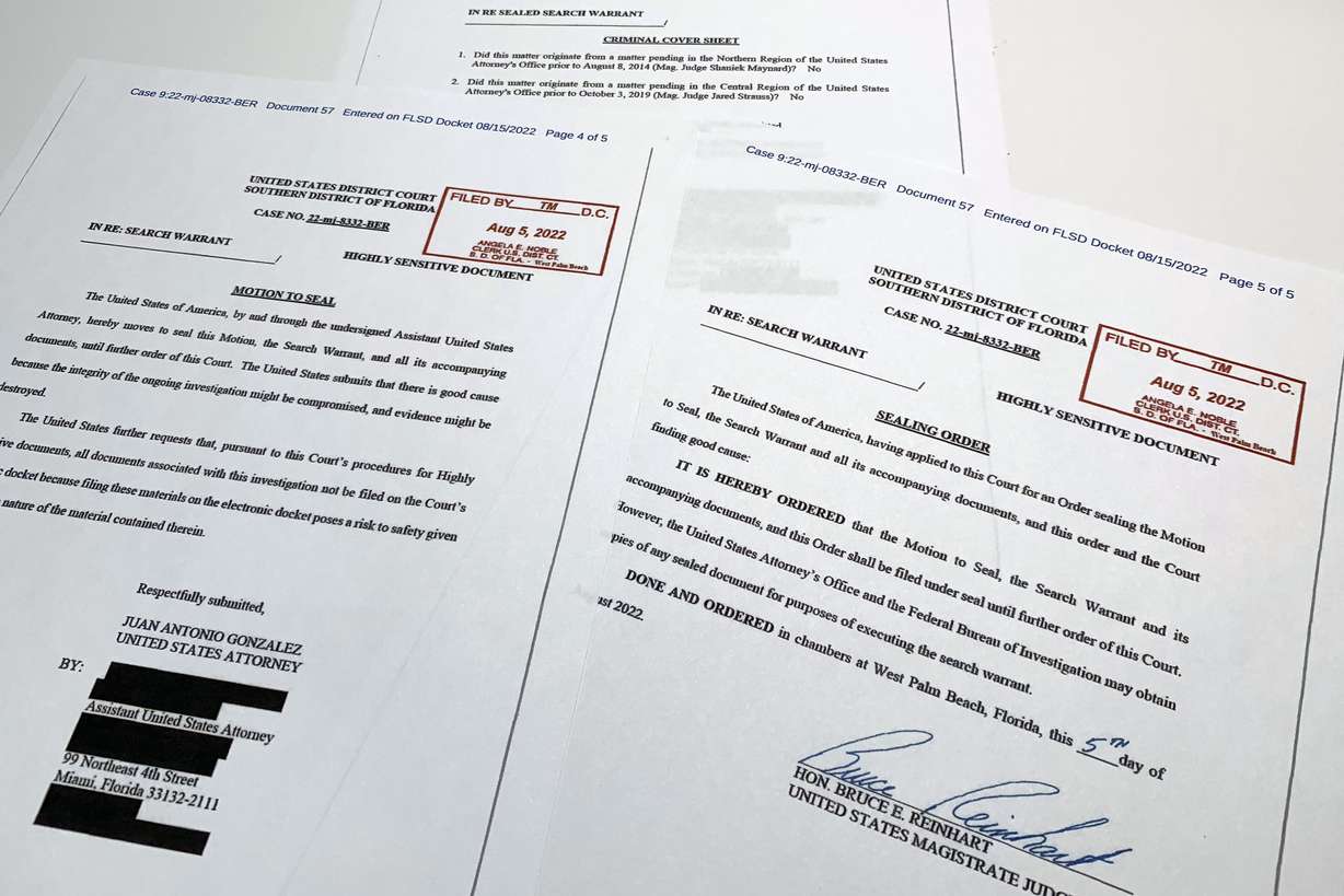 Documents related to the search warrant for former President Donald Trump's Mar-a-Lago estate in Palm Beach, Fla., are photographed Thursday.
