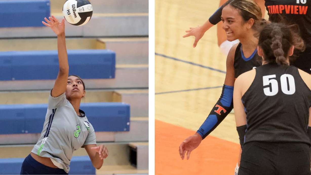Ridgeline setter Nia Damuni, left, and Timpview's Silina Damuni, cousins, have signed to play college volleyball at Gonzaga and BYU, respectively.
