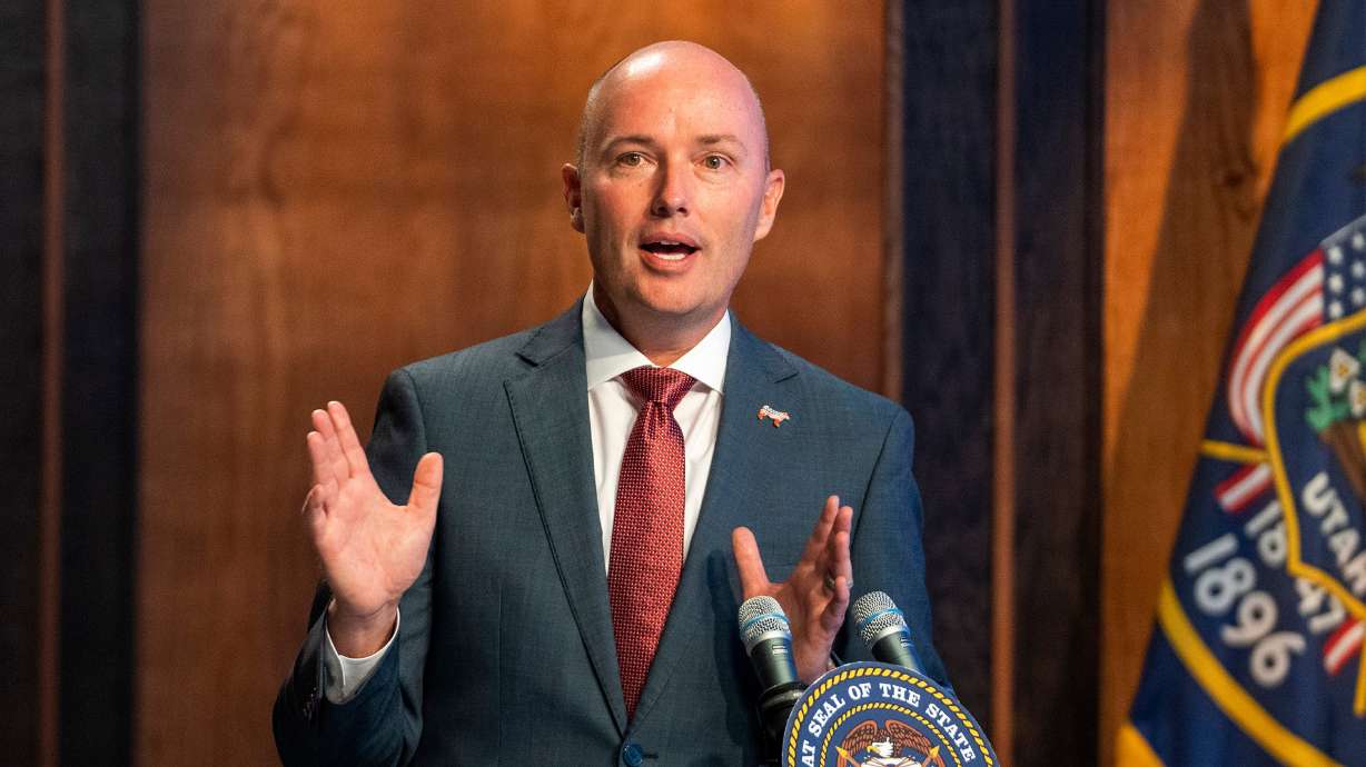 Gov. Spencer Cox speaks at his monthly news conference at the Eccles Broadcast Center in Salt Lake City on Thursday. Cox on Thursday fumed at the headline plastered on top of Time's article about him published that morning.