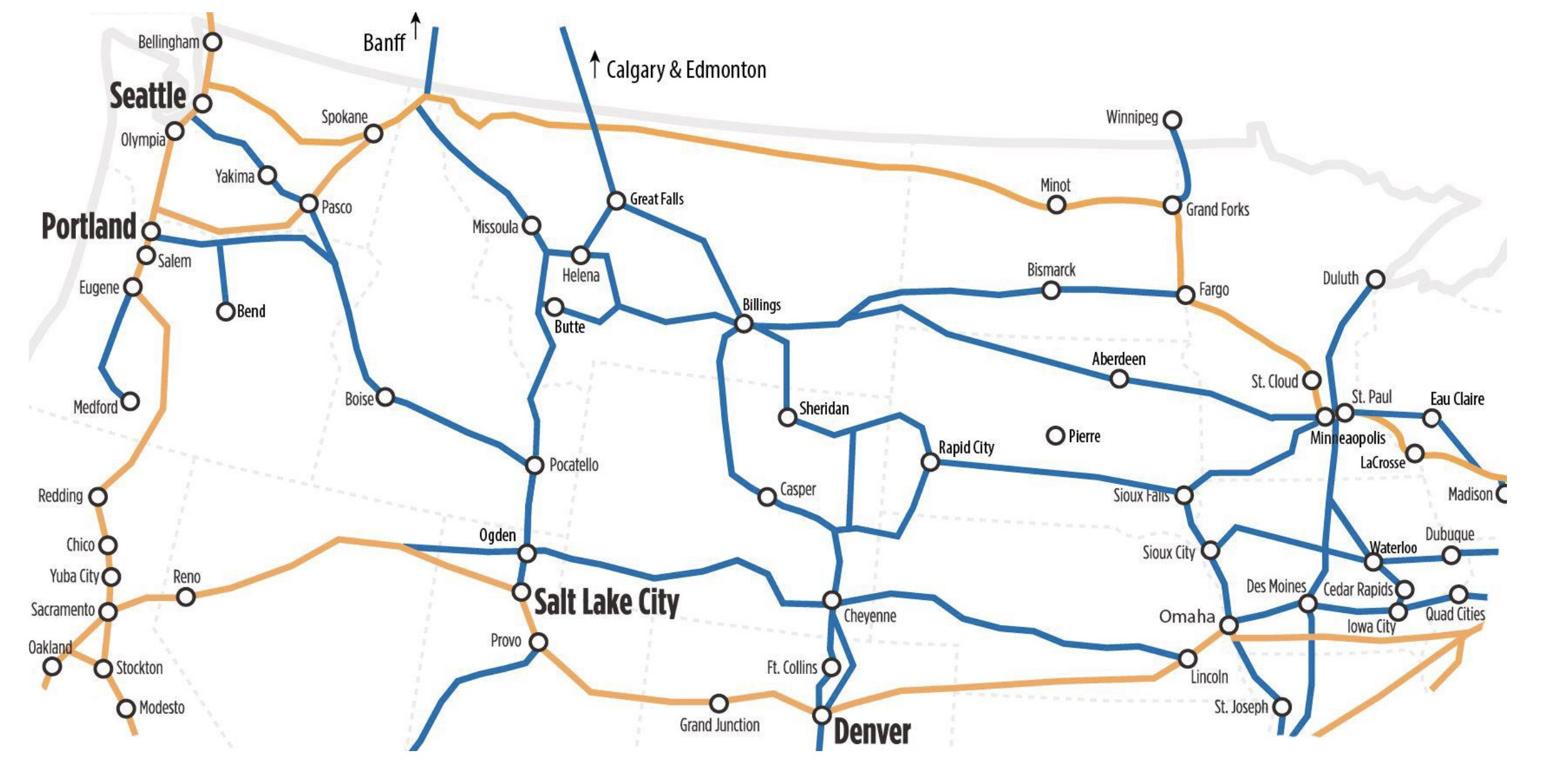 This graphic shows where existing and desired passenger rail connections are in the northern section of the U.S. The yellow lines are existing routes while the blue lines represent existing lines that could be used for future routes.