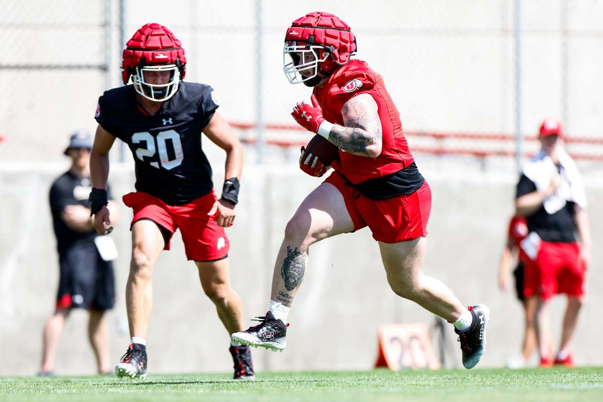 Freshman linebacker Lander Barton chases down his opponent during Utah's fall camp in Salt Lake City, on Wednesday, August 3, 2022.