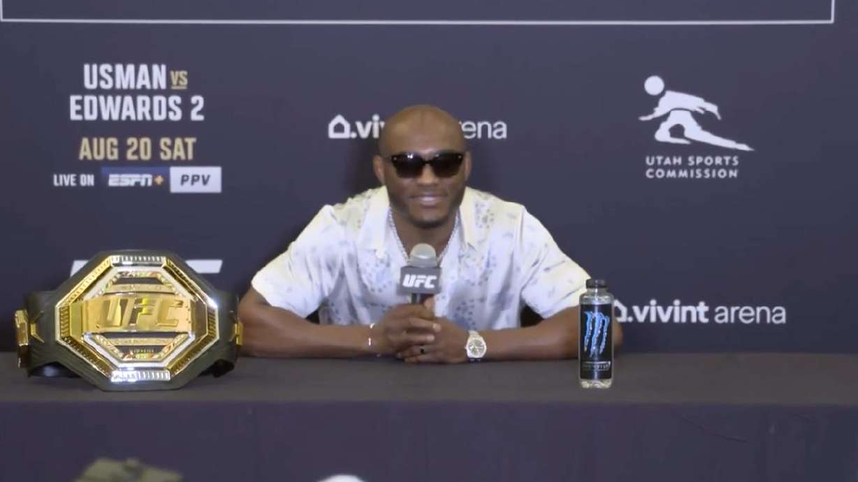 UFC welterweight champion Kamaru Usman addresses media in Salt Lake City ahead of the UFC 278 title fight.