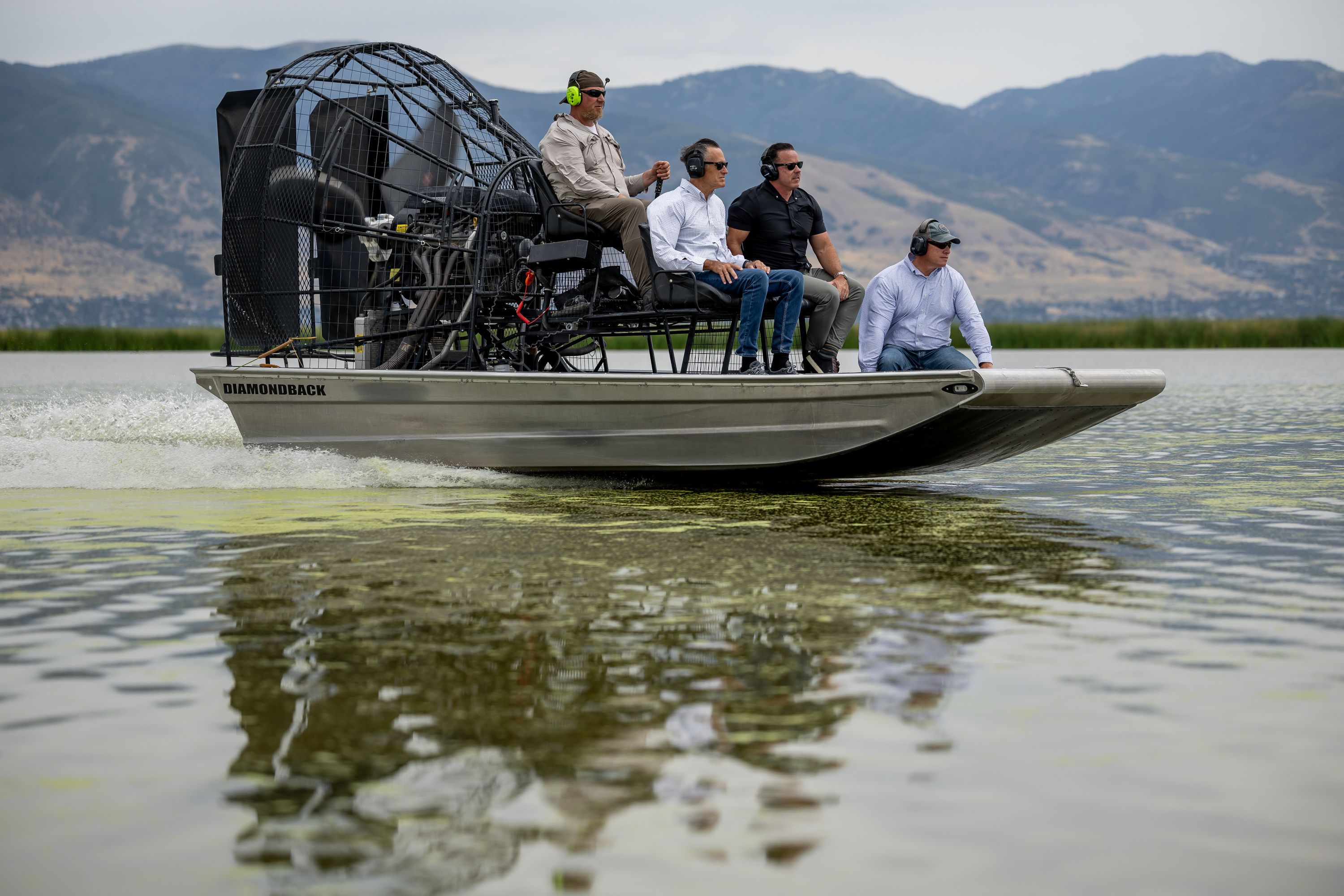 Chad Cranney, assistant wildlife manager for the Utah Division of Wildlife Resources, pilots a fan boat carrying Sen. Mitt Romney, R-Utah, Utah House Speaker Brad Wilson, R-Kaysville, and Utah Rep. Joel Ferry, R-Brigham City, left to right, on a tour of the Great Salt Lake in Farmington Bay on Friday. To save the Great Salt Lake, its complex ecosystem and its value to the state of Utah and the West, one has to know the Great Salt Lake.