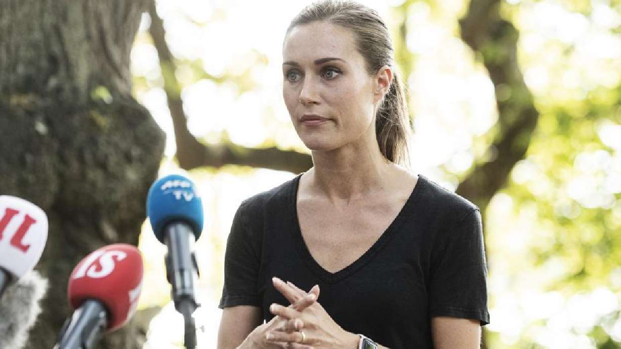 Prime minister of Finland Sanna Marin holds a press conference in Helsinki, Finland, Friday. Marin, who in December 2019 became Finland’s youngest prime minister ever, said Friday she has taken a drug test “for her own legal protection” after a video was leaked of her at her private party dancing and mimicking singing.