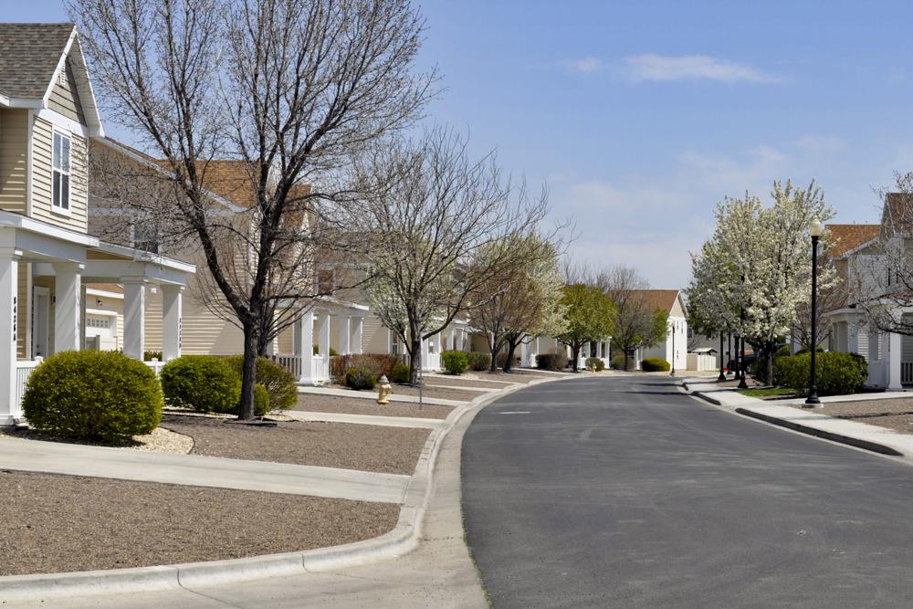 Housing for service members is shown at Mountain Home Air Force Base in southwestern Idaho, April 28. Amid record-breaking spikes in rent, service members and housing activists say the Department of Defense has not adequately increased housing allowances, thereby neglecting its commitment to military families. 