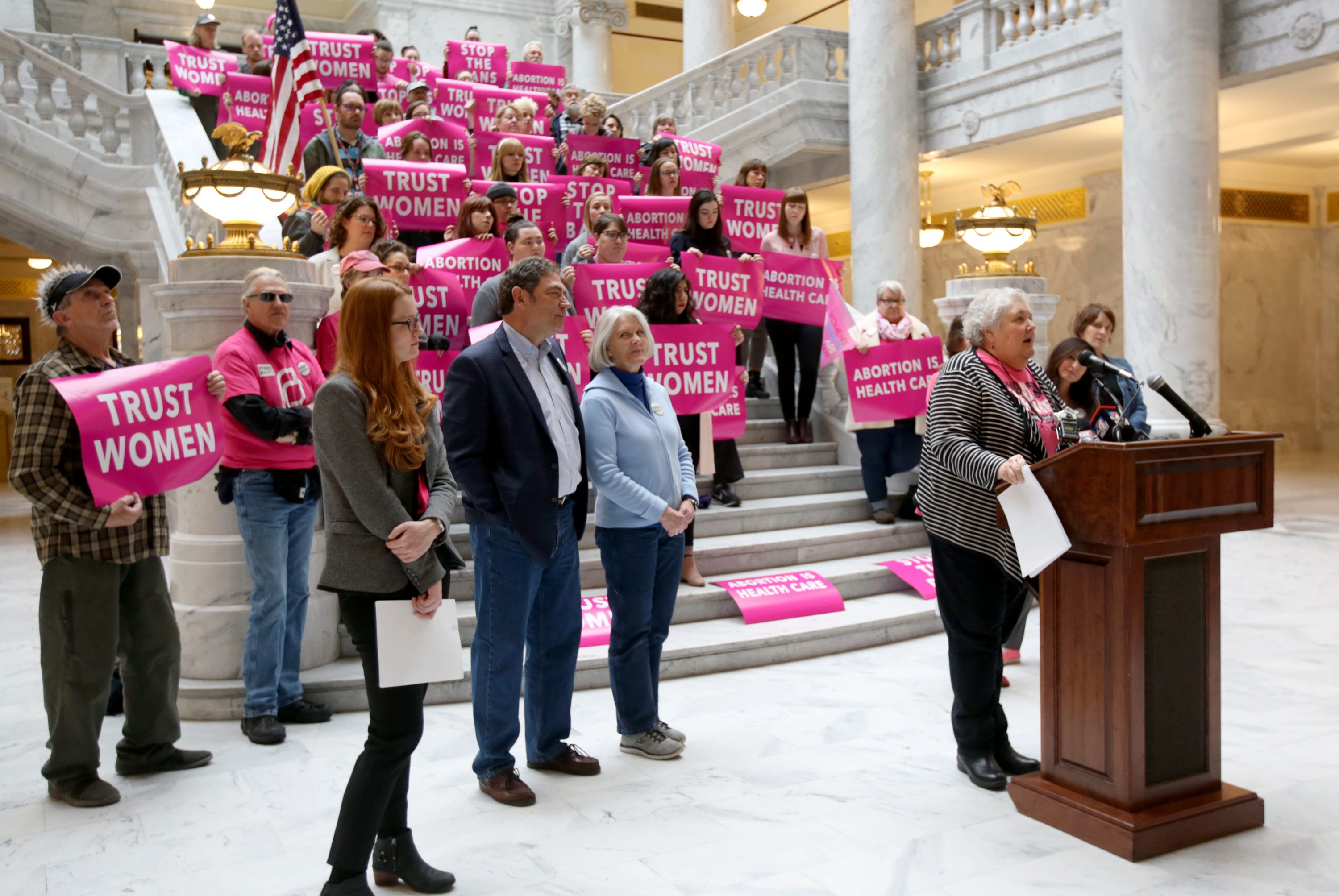 Karrie Galloway, president and CEO of Planned Parenthood Association of Utah, speaks during a press conference at the Capitol in Salt Lake City on April 10, 2019. Sixteen more states, including Utah are asking to weigh in on the U.S. Department of Justice's lawsuit against Idaho over its strict abortion ban.