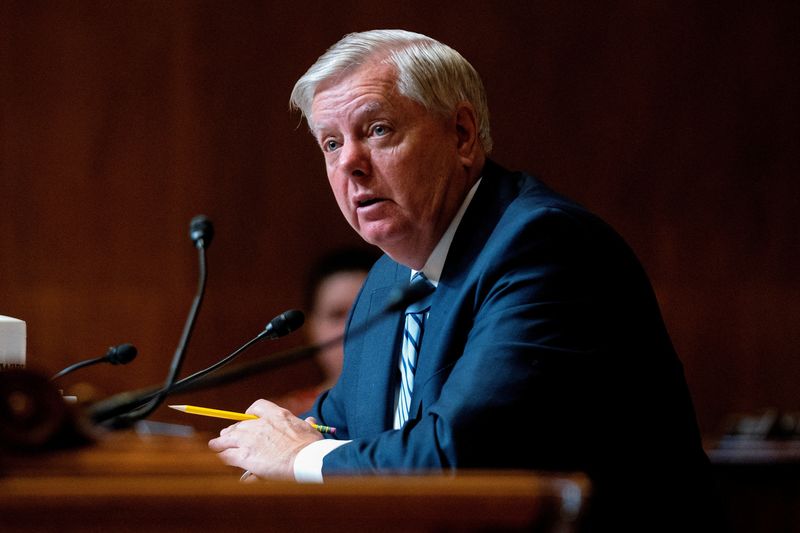 U.S. Sen. Lindsey Graham, R-S.C., asks questions to Attorney General Merrick Garland during a Senate Appropriations Subcommittee, at the Capitol in Washington, D.C., April 26.