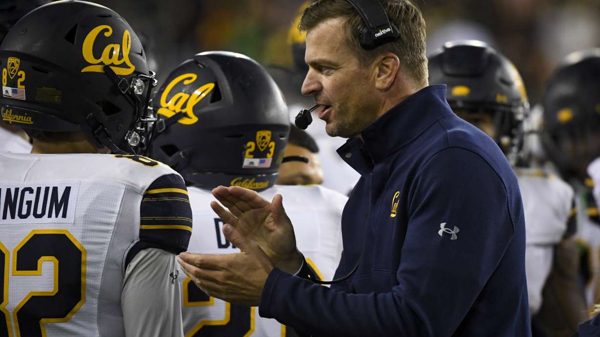 California head coach Justin Wilcox encourages his players during the fourth quarter of an NCAA college football game on Oct. 15, 2021, in Eugene, Ore.