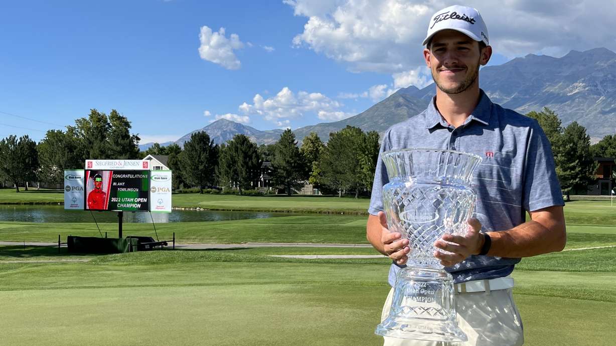 Former University of Utah golfer Blake Tomlinson, who prepped at Skyline High, after he shot 18-under-par 198 to win his first professional golf tournament by two strokes.