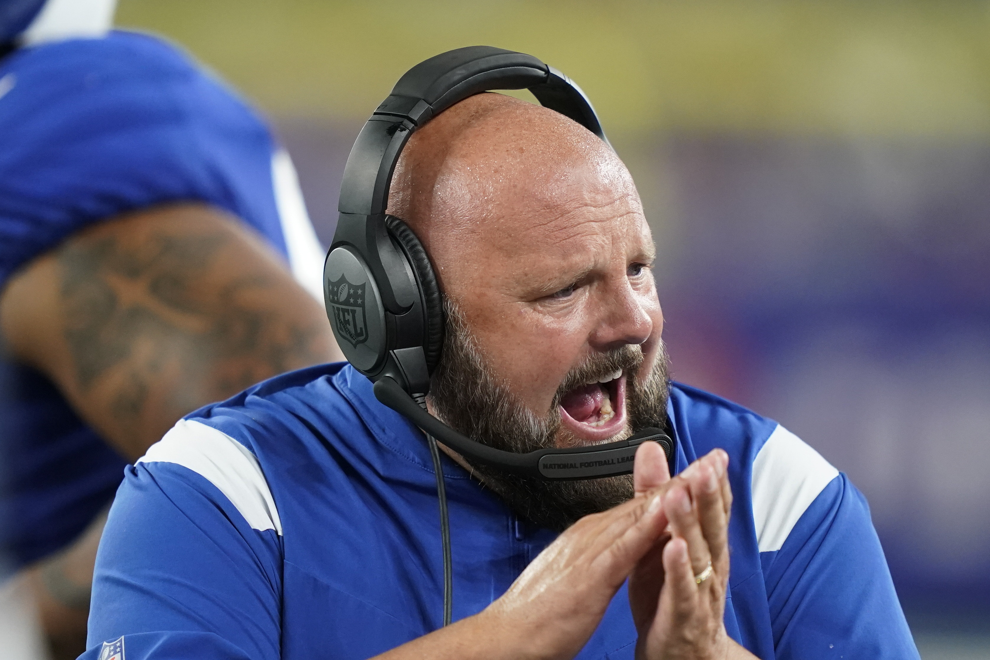 New York Giants head coach Brian Daboll calls to his players during the first half of a preseason NFL football game against the Cincinnati Bengals, Sunday, Aug. 21, 2022, in East Rutherford, N.J. 