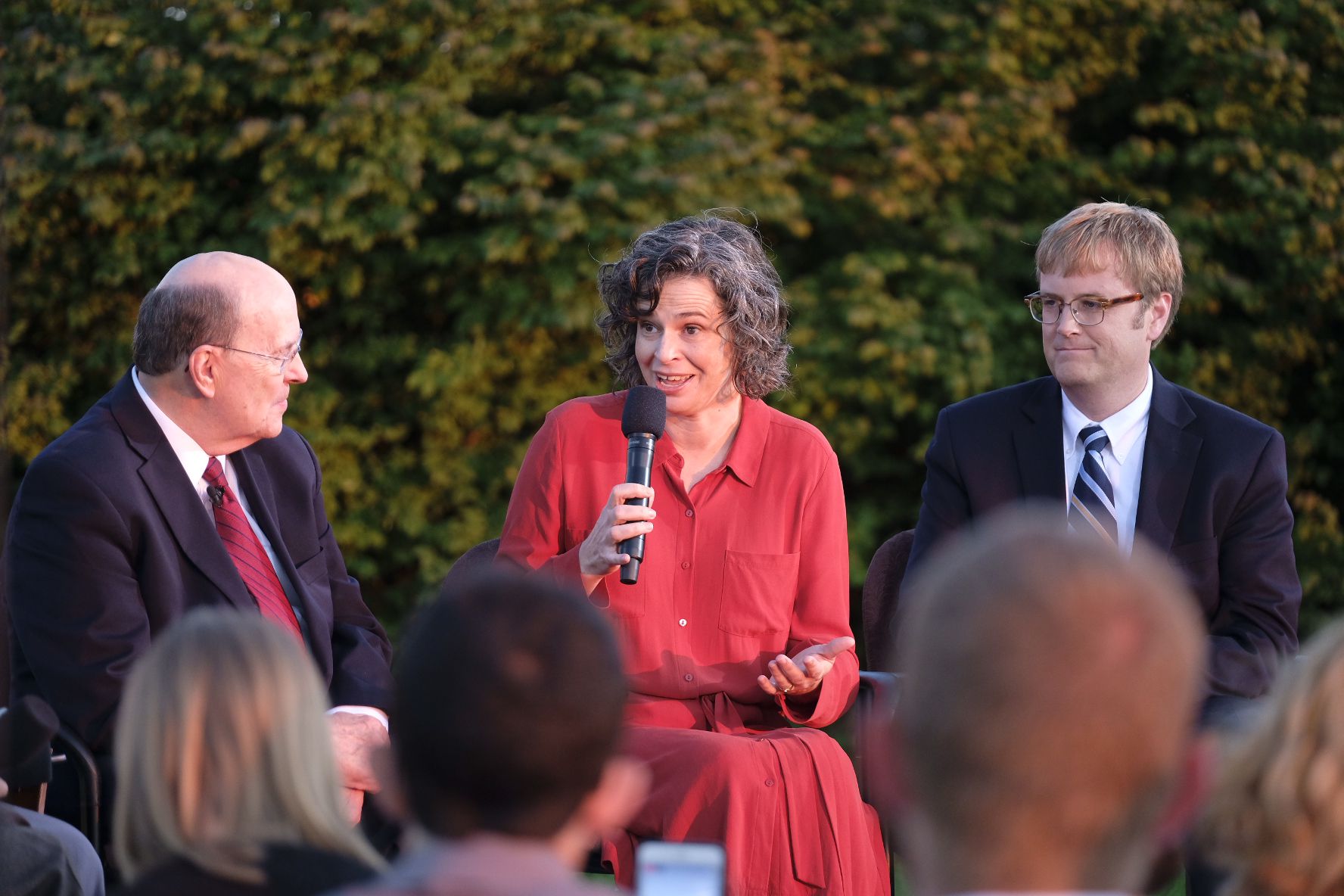Historian Kate Holbrook, center, speaks during a worldwide “Face to Face” church history broadcast in Nauvoo, Illinois, on Sept. 9, 2018. Participating were Elder Quentin L. Cook, of the Quorum of the Twelve Apostles, Holbrook and historian Matt Grow. Holbrook died Saturday.