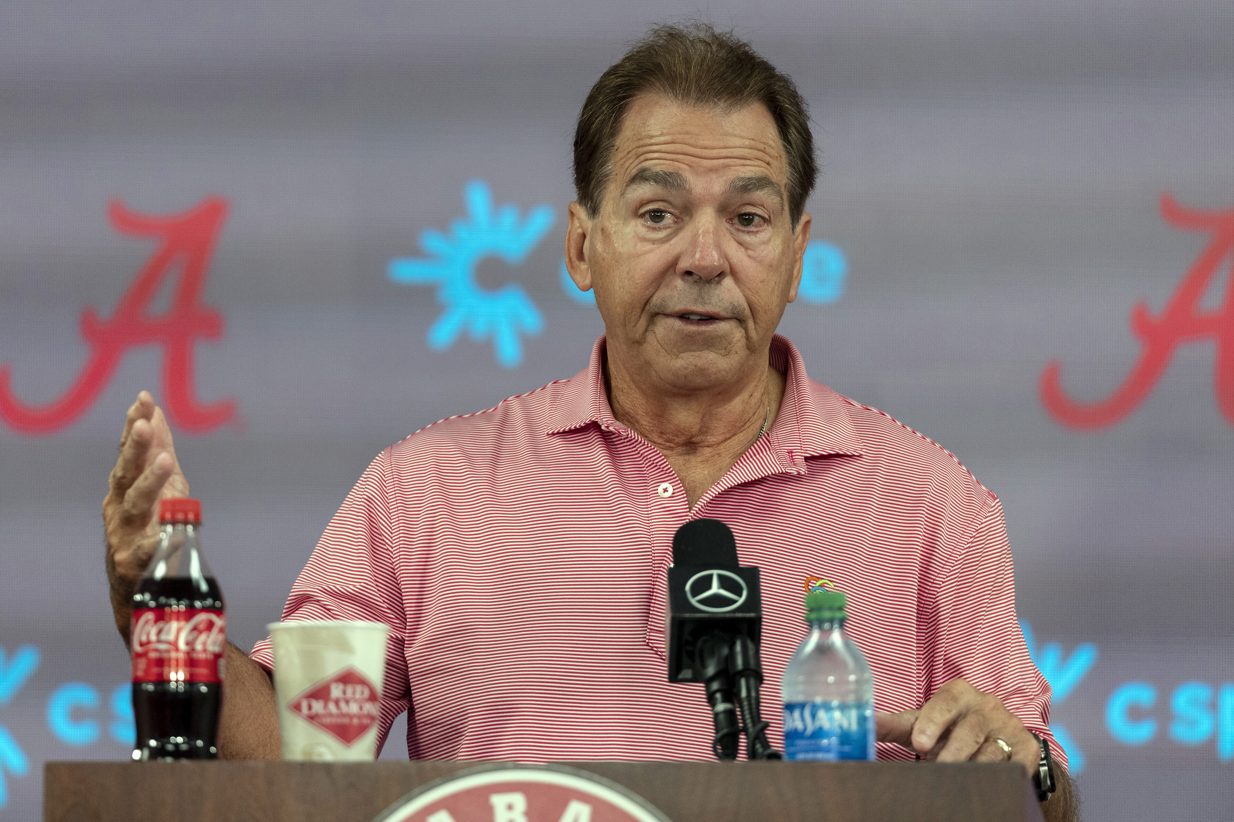 FILE - Alabama head coach Nick Saban speaks with the media during NCAA college football media day on Aug. 7, 2022, in Tuscaloosa, Ala. It's championship or bust for Nick Saban and Alabama, with no pretensions otherwise.