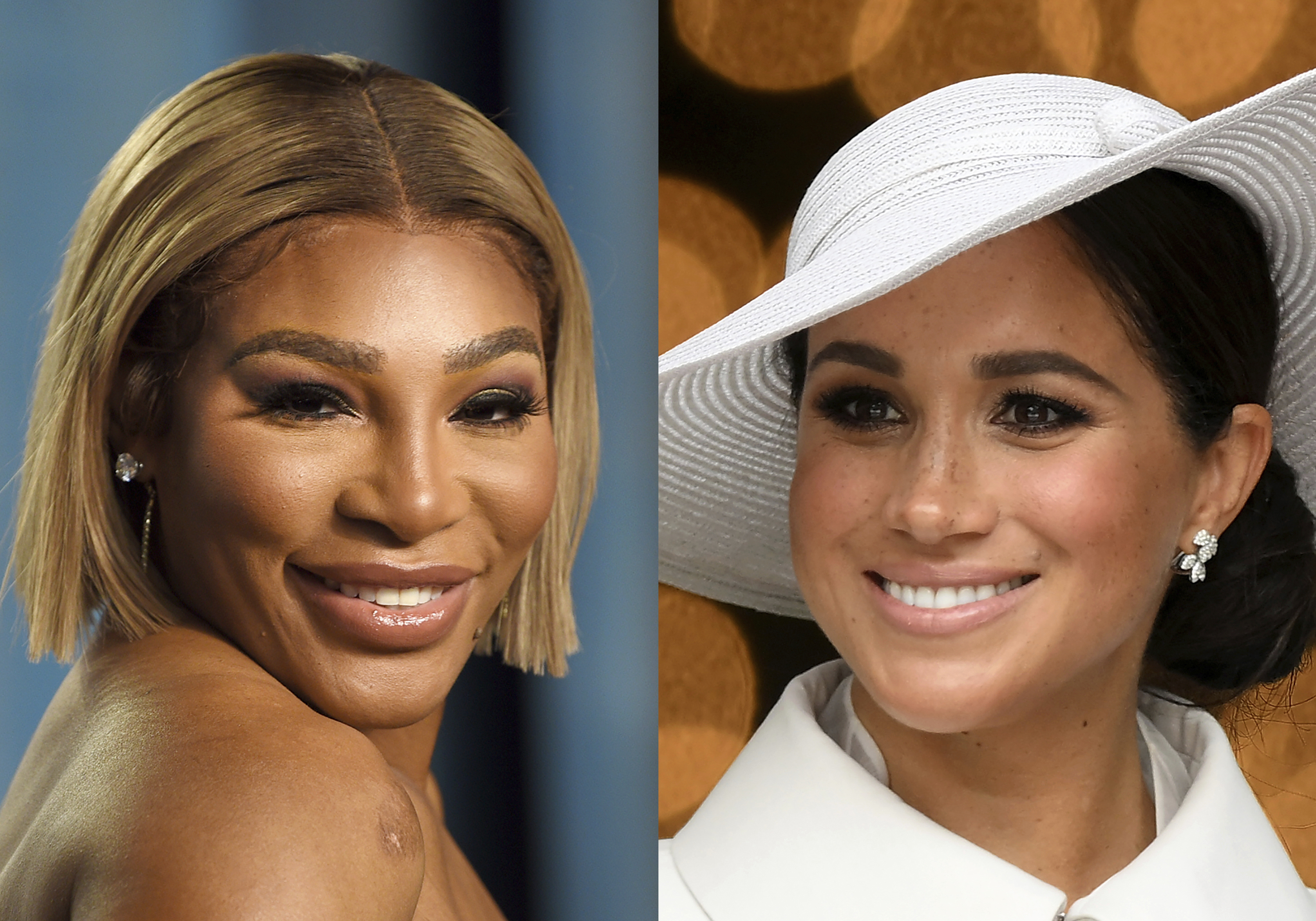 Serena Williams appears at the Vanity Fair Oscar Party in Beverly Hills, Calif., on March 27, 2022, left, and Meghan, Duchess of Sussex, appears at a service of thanksgiving for the reign of Queen Elizabeth II in London on June 3, 2022. The first episode of “Archetypes,” a podcast by Meghan, the Duchess of Sussex, features a discussion between her and Williams on motherhood. The podcast is Meghan's first release as part of an exclusive deal with Spotify. 