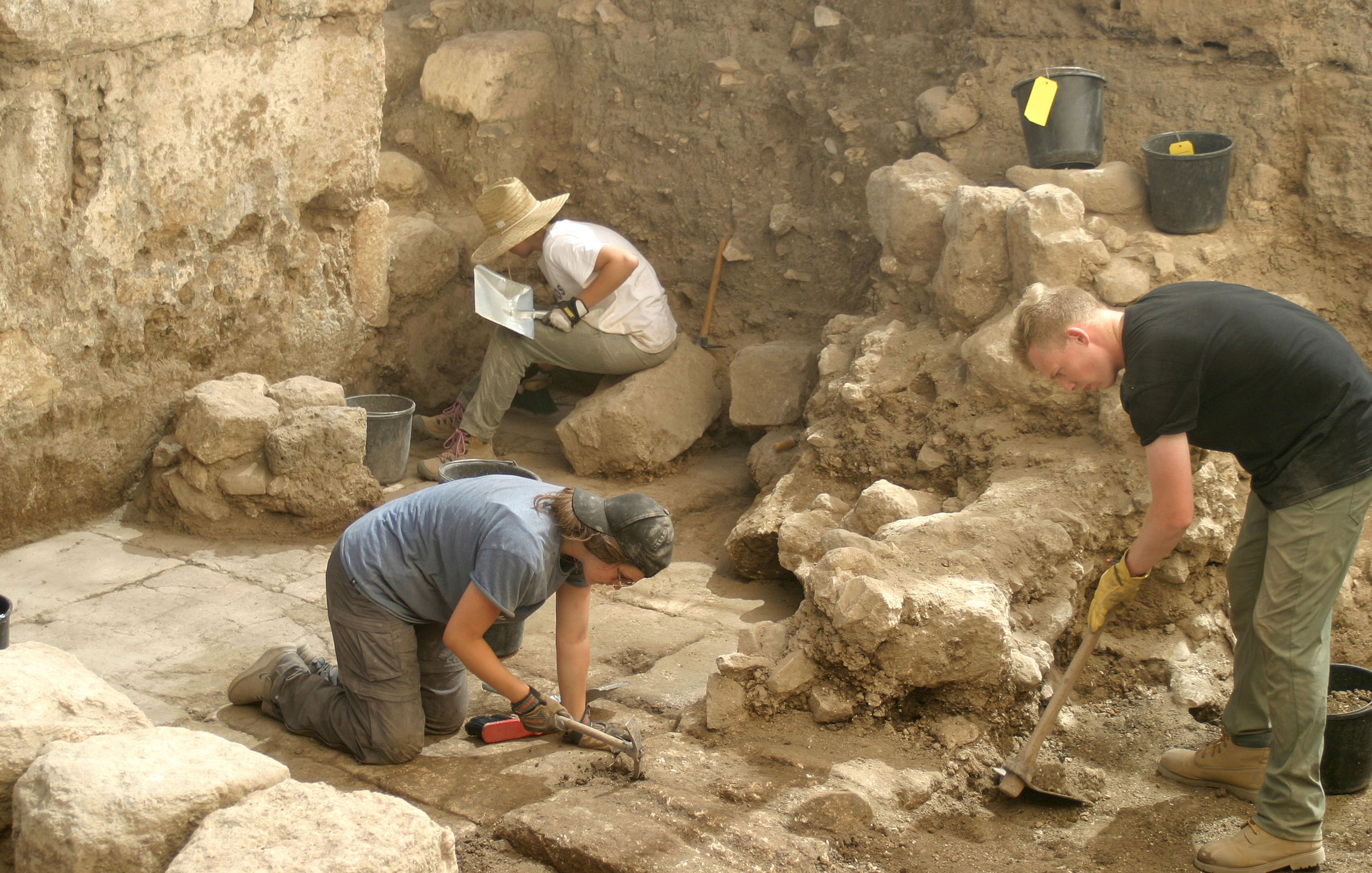 BYU students Allyson Huffmire, Lea Schade and Calan Christensen, left to right, are part of a team of BYU students that worked on the Huqoq Excavation Project and archaeological field school in June in Huqoq, a Jewish village near the Sea of Galilee.