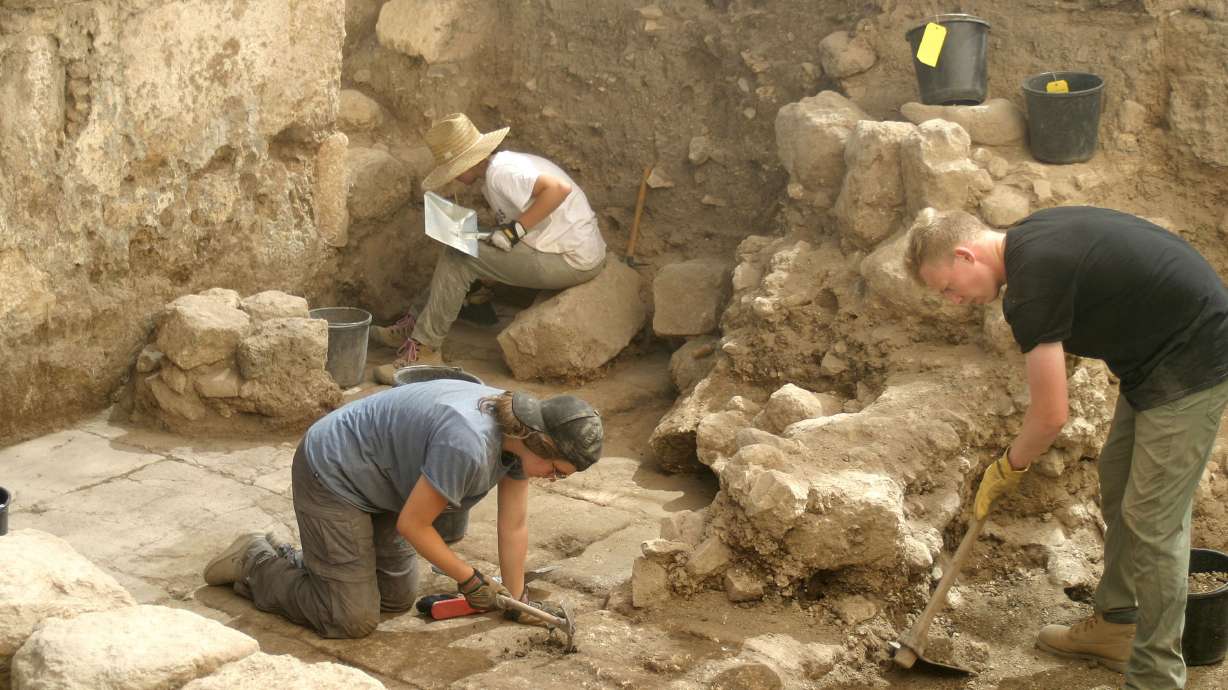 BYU students Allyson Huffmire, Lea Schade and Calan Christensen, left to right, are part of a team of BYU students that worked on the Huqoq Excavation Project and archaeological field school in June in Huqoq, a Jewish village near the Sea of Galilee.