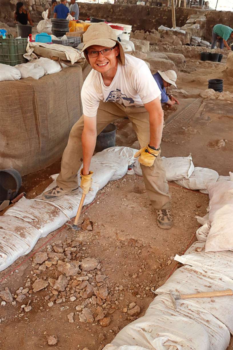 BYU communications student Isaac Richards helps uncover mosaics while working on the Huqoq Excavation Project in June in Huqoq, a Jewish village by the Sea of Galilee.