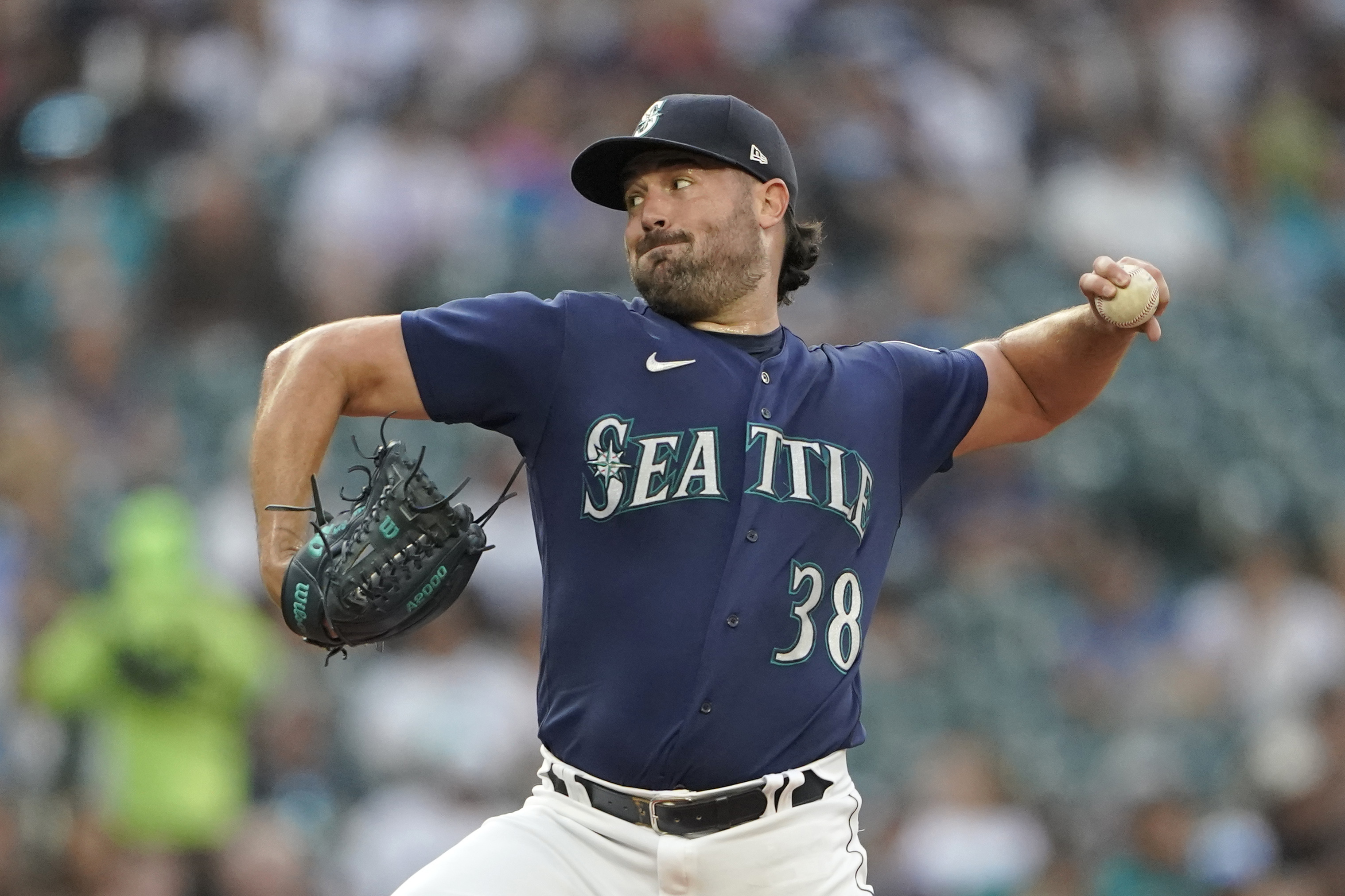 Seattle Mariners starting pitcher Robbie Ray throws against the Washington Nationals during the first inning of a baseball game, Tuesday, Aug. 23, 2022 in Seattle. 