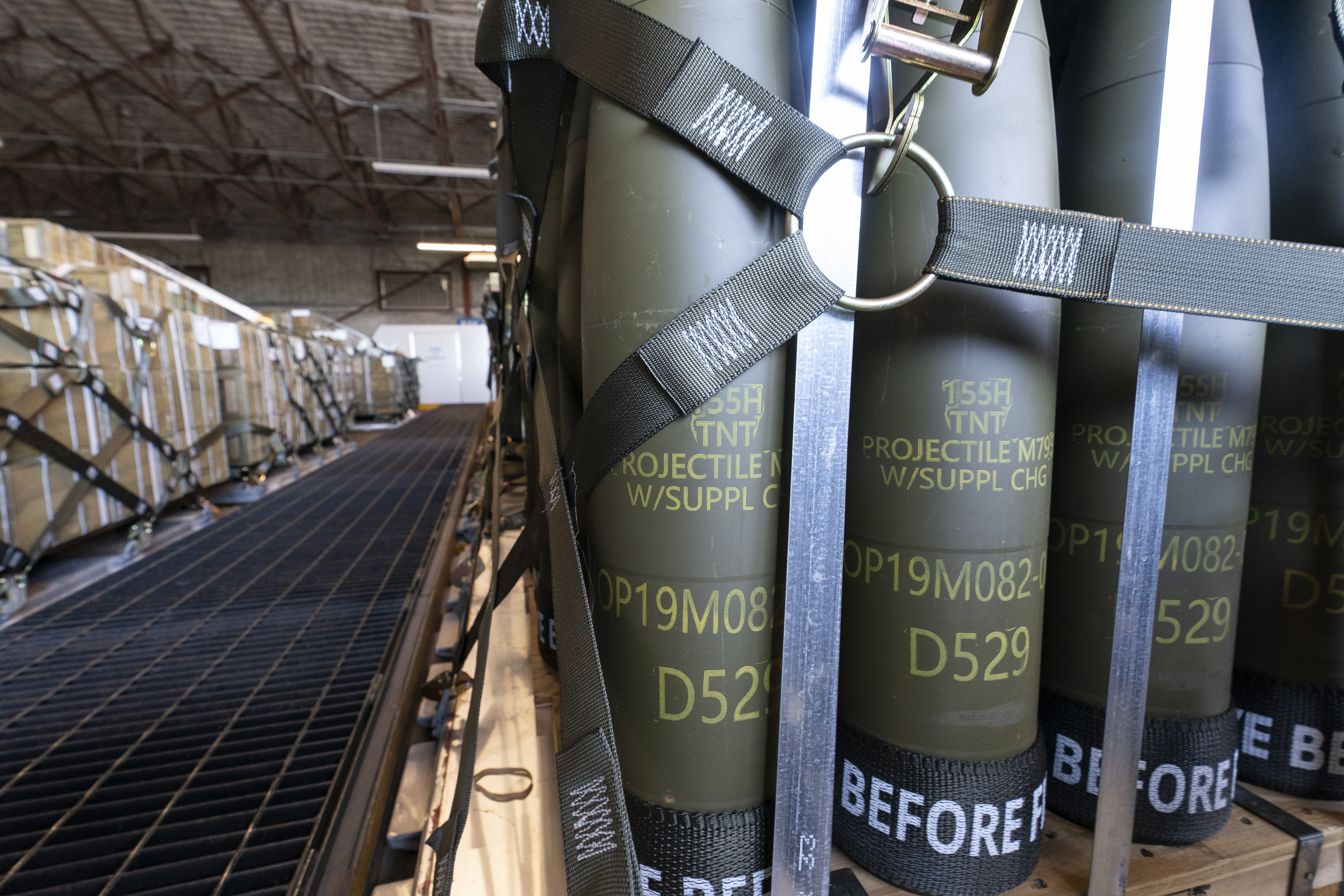 Pallets of 155 mm shells ultimately bound for Ukraine are loaded by the 436th Aerial Port Squadron, April 29, at Dover Air Force Base, Del. President Joe Biden announced Wednesday the U.S. is sending $2.98 billion in new military aid to Ukraine.