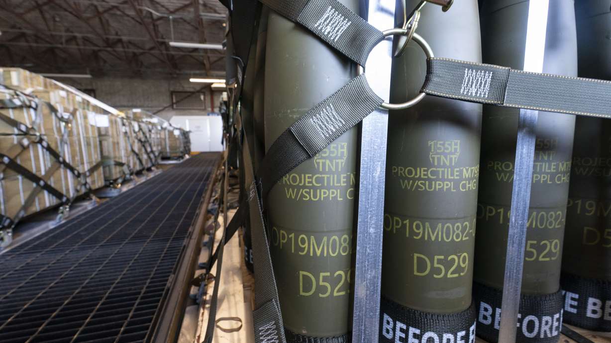 Pallets of 155 mm shells ultimately bound for Ukraine are loaded by the 436th Aerial Port Squadron, April 29, at Dover Air Force Base, Del. President Joe Biden announced Wednesday the U.S. is sending $2.98 billion in new military aid to Ukraine.