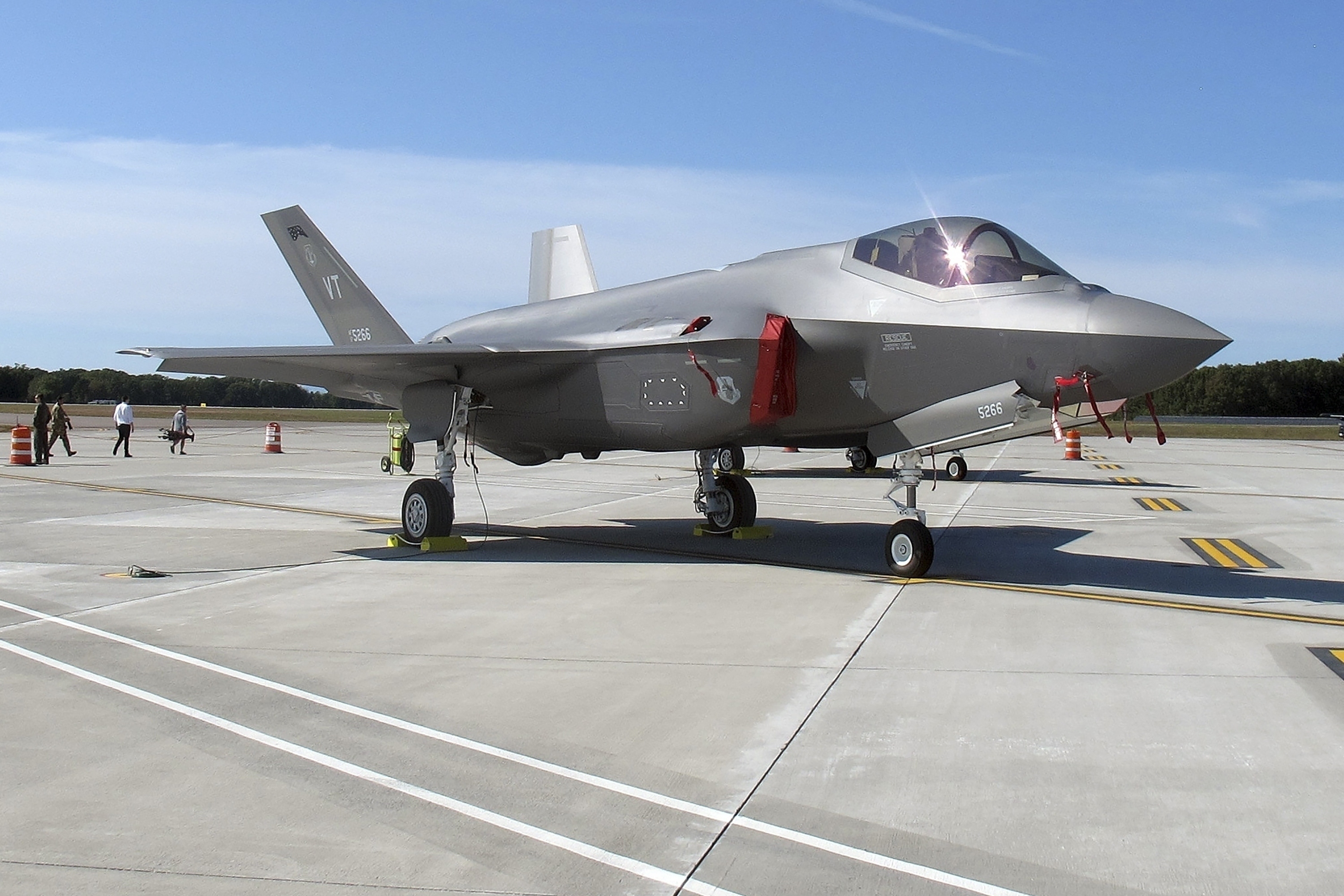 An F-35 fighter jet arrives at the Vermont Air National Guard base in South Burlington, Vt, Sept. 19, 2019. Switzerland’s defense department says any delay to a planned multibillion-dollar acquisition of U.S.-made F-35 fighter jets would have “grave consequences” for Swiss security. On Aug. 23, the Swiss government announced that campaigners had cleared the bar of more than 100,000 signatures of a petition by citizens calling for a referendum on the planned purchase of 36 of the Lockheed Martin-built jets.