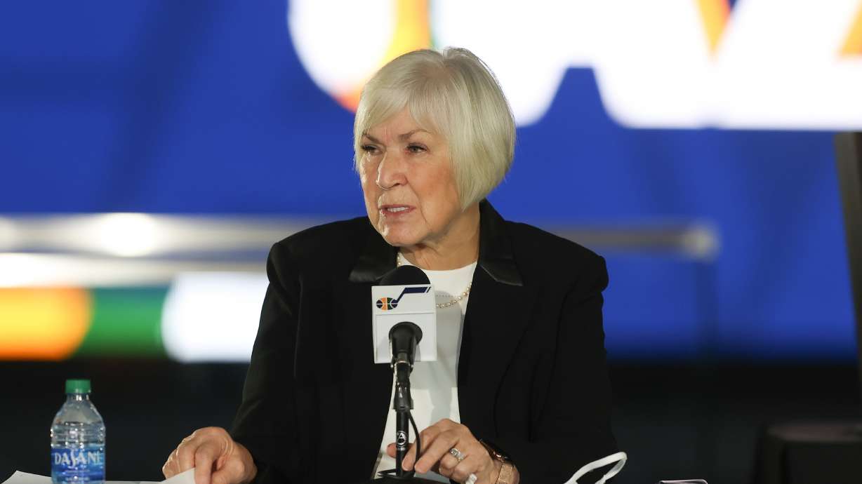 Gail Miller speaks at a press conference announcing the sale of the Utah Jazz to Qualtrics co-founder Ryan Smith at Vivint Smart Home Arena in Salt Lake City on Wednesday, Oct. 28, 2020.