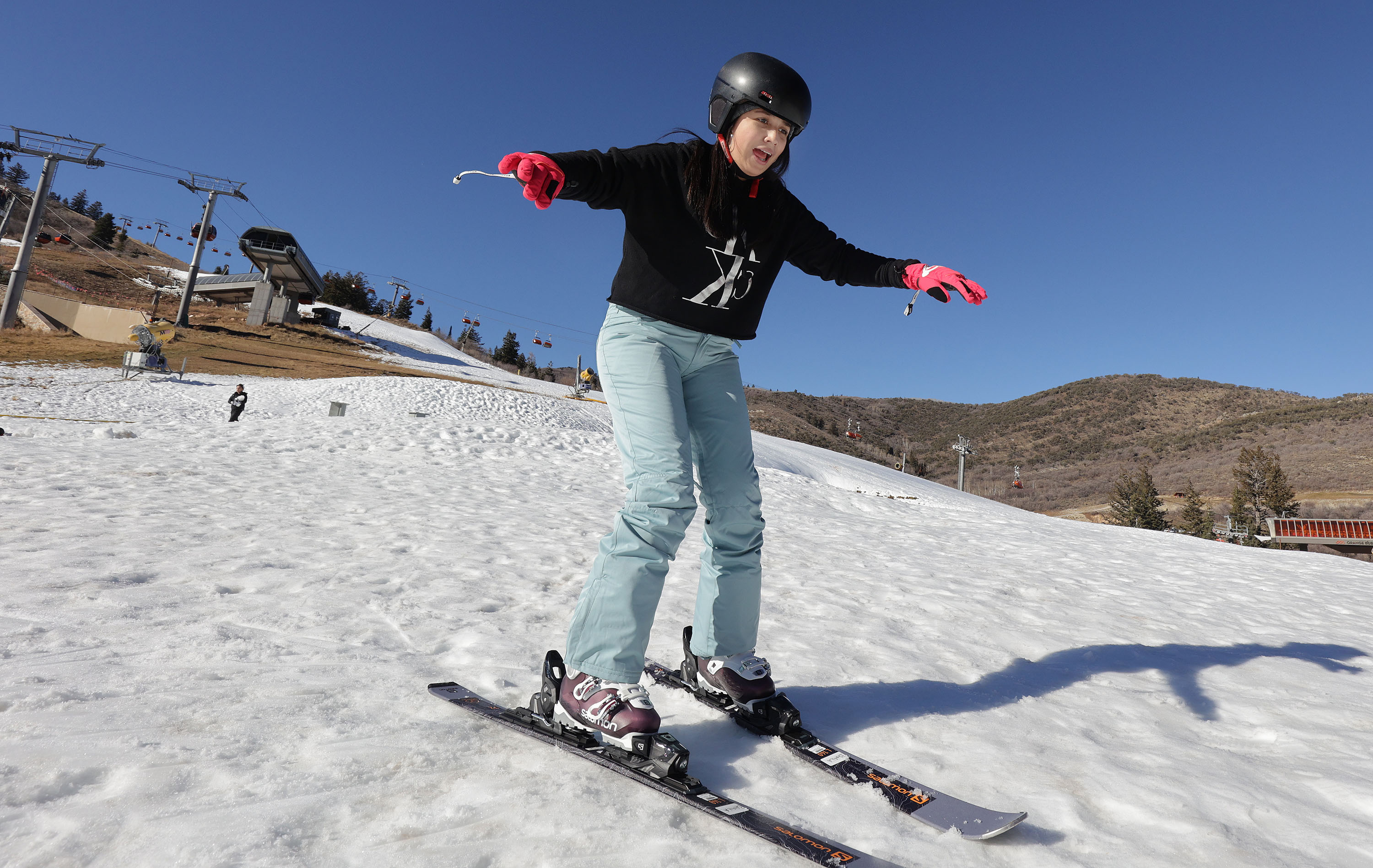 First-time skier Camila Mendoza, of Ecuador, practices skiing at Park City Mountain Resort's Canyons Village in Park City on Nov. 28, 2021. This winter, Utah's largest ski resort will undergo changes making it more expensive for patrons. 
