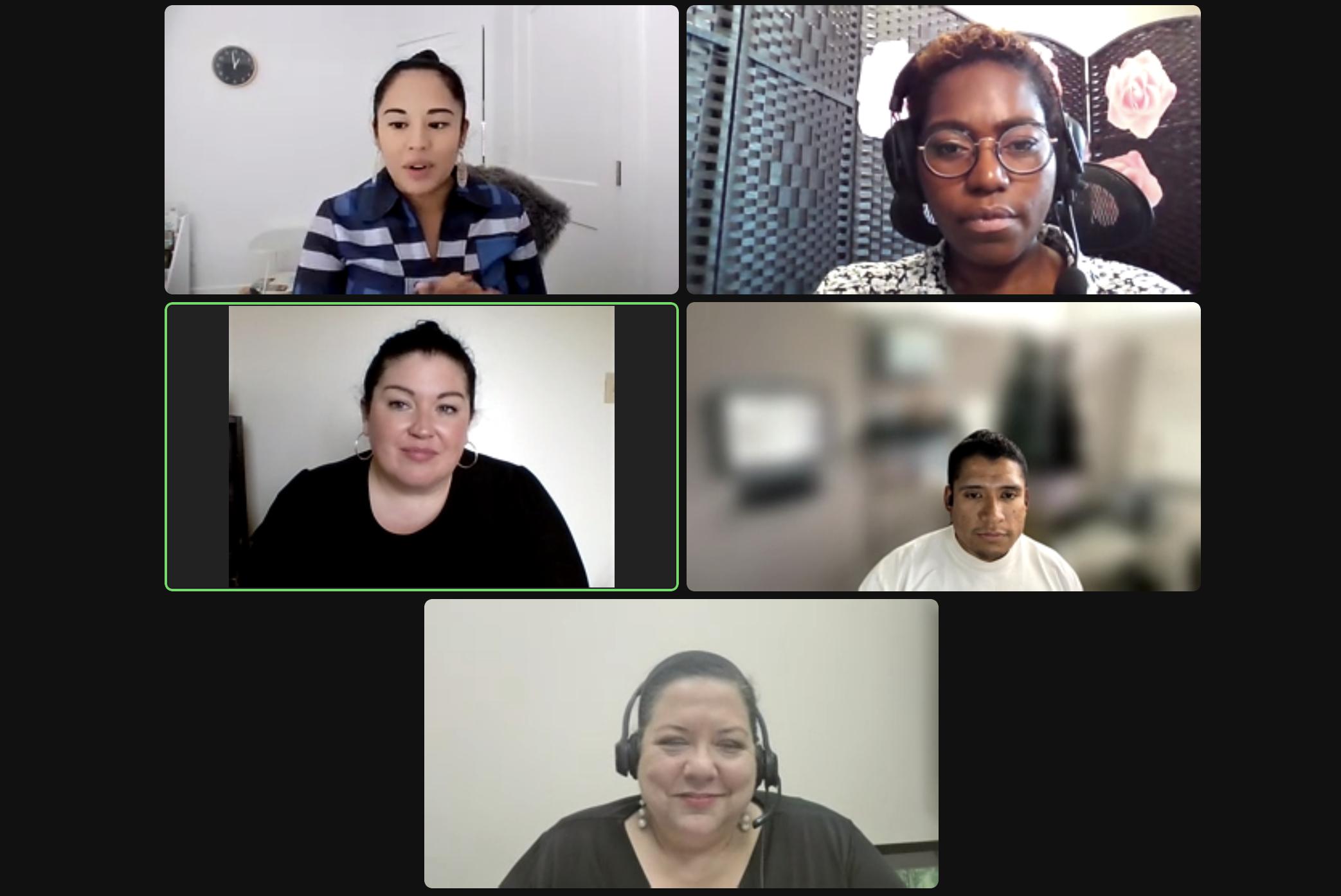 From top left: Claudia Loayza, engagement coordinator with Utah Division of Multicultural Affairs; Cristina Reyes, rural services coordinator and bookmobile program specialist; Natalie Keezer, Salt Lake Acting Company accessibility coordinator; Cristóbal Villegas, Utah Transit Authority community engagement specialist; and Antonella Packard, Salt Lake County's economic development manager, take questions during a webinar on engaging with diverse communities on Aug. 24.