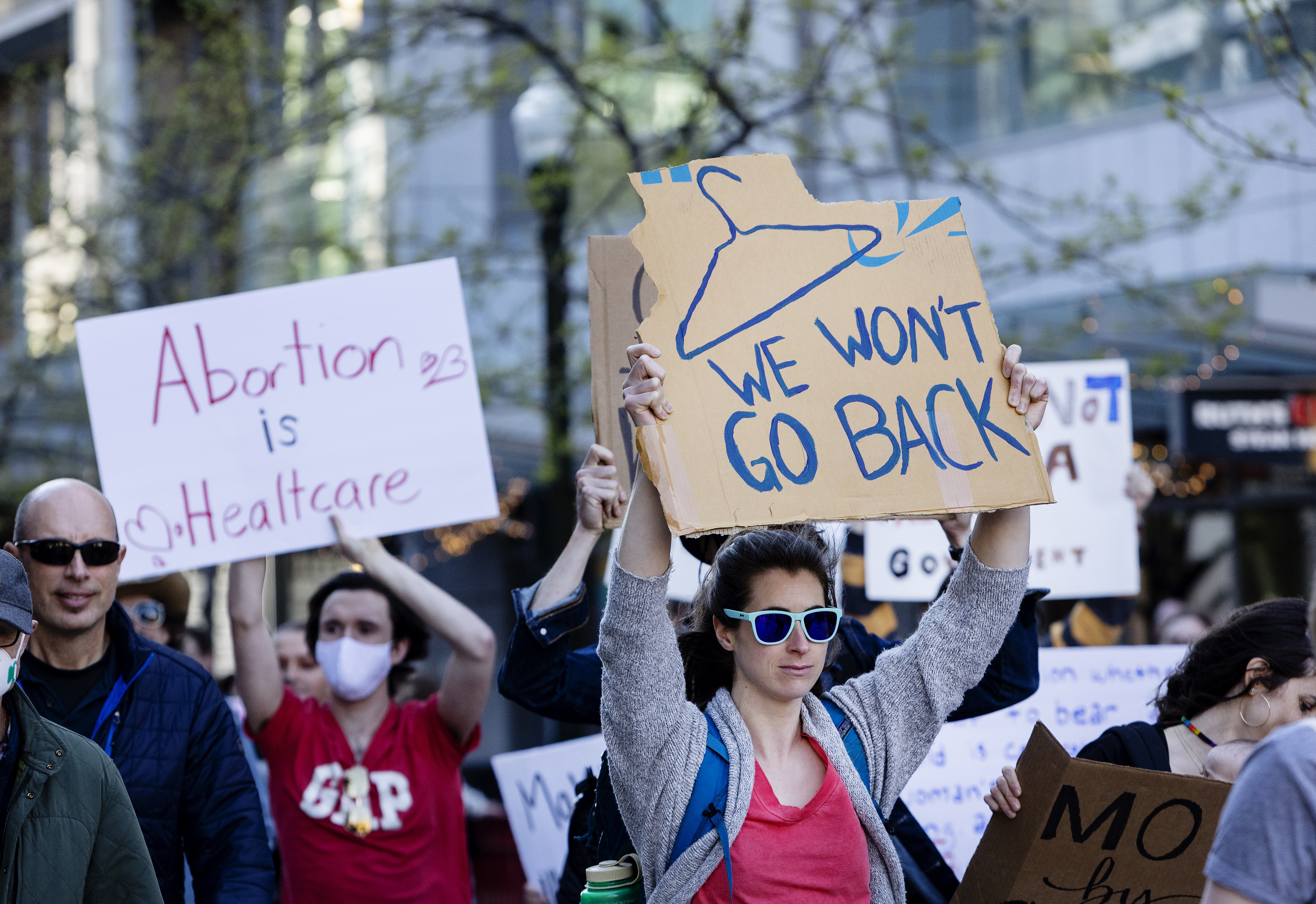 People march through 8th Street in downtown Boise, Idaho, on May 3, in response to the news that the U.S. Supreme Court could be poised to overturn the landmark Roe v. Wade case that legalized abortion nationwide.