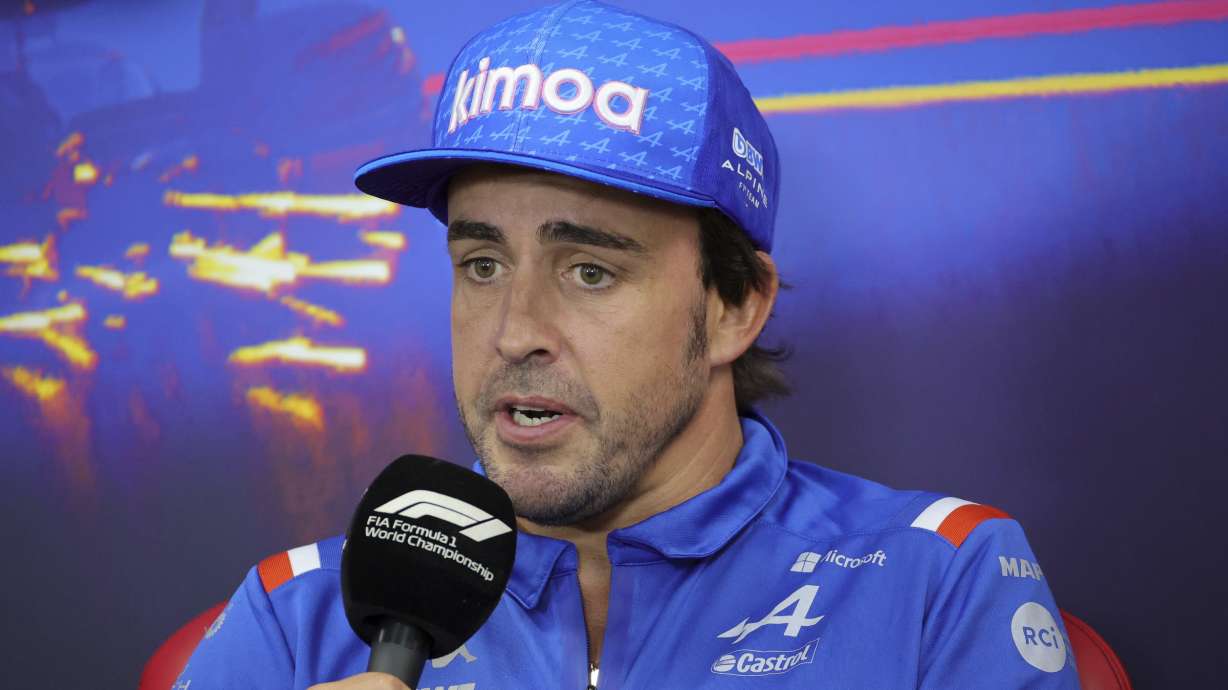 Alpine driver Fernando Alonso of Spain speaks during a media conference ahead of the Formula One Grand Prix at the Spa-Francorchamps racetrack in Spa, Belgium, Thursday, Aug. 25, 2022. The Belgian Formula One Grand Prix will take place on Sunday.