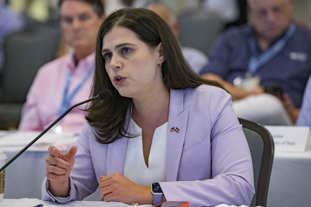 Colorado Secretary of State Jena Griswold speaks during a committee meeting at the summer conference of the National Association of Secretaries of State in Baton Rouge, La., July 8. This year, Colorado lawmakers broadened the definition of tampering with election equipment and strengthened the penalty for it.